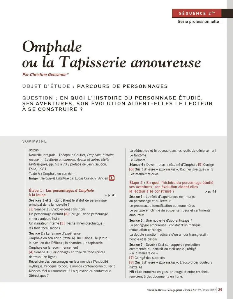 NRP Lycée - Séquence Bac Pro 2de - Omphale ou la Tapisserie amoureuse - Mars 2012 (Format PDF) -  - 9782091115573