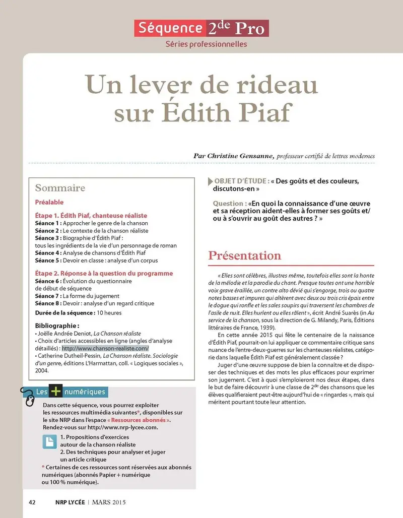 NRP Lycée - Séquence Bac Pro 2de - Un lever de rideau sur Edith Piaf  -  - 9782091117171