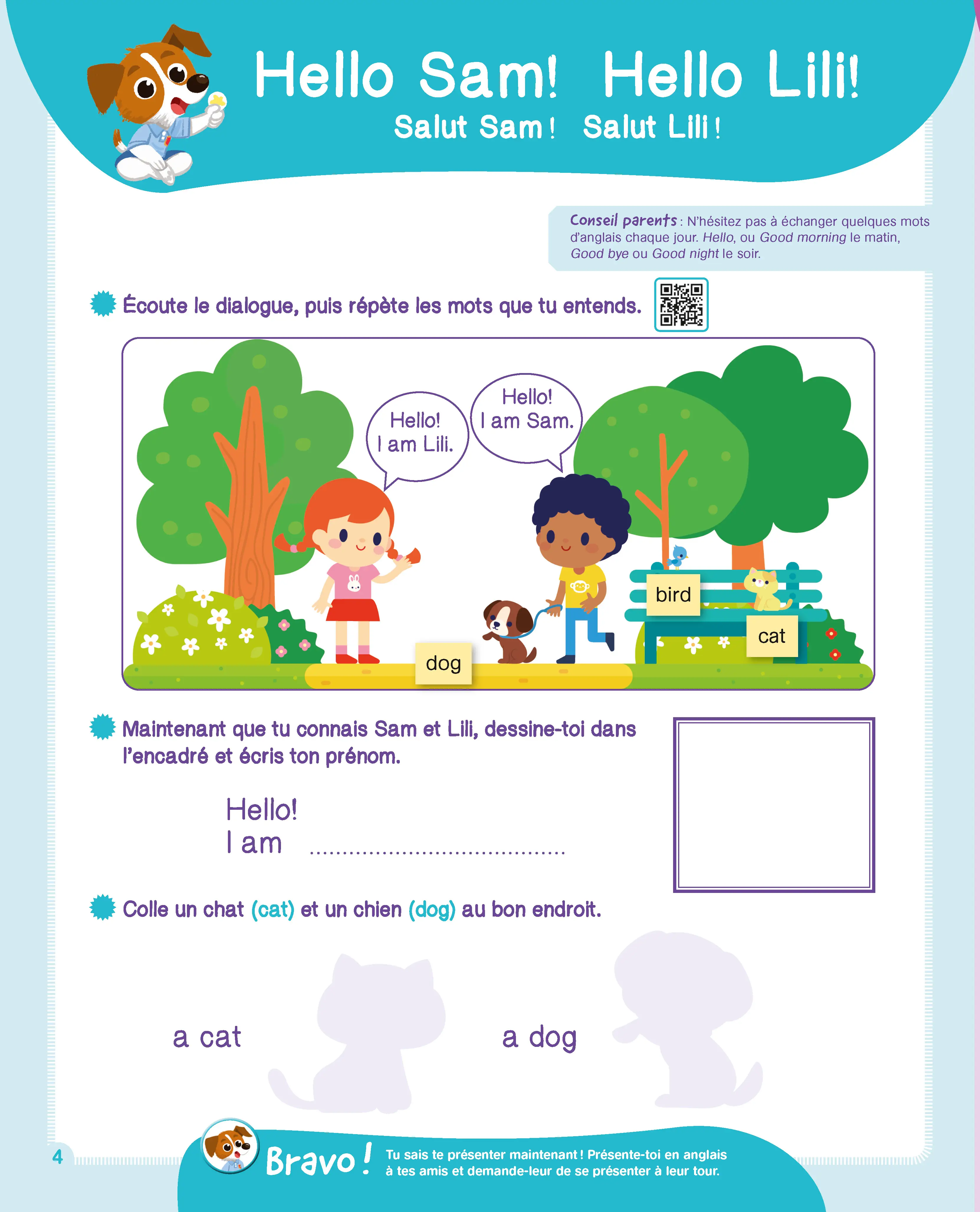 Mon Cahier Maternelle - Mes premiers pas en Anglais 3-6 ans - avec audios et autocollants | Apprentissage ludique pour la maternelle - Cahier d'exercices - 9782095051761 - page intérieure 001