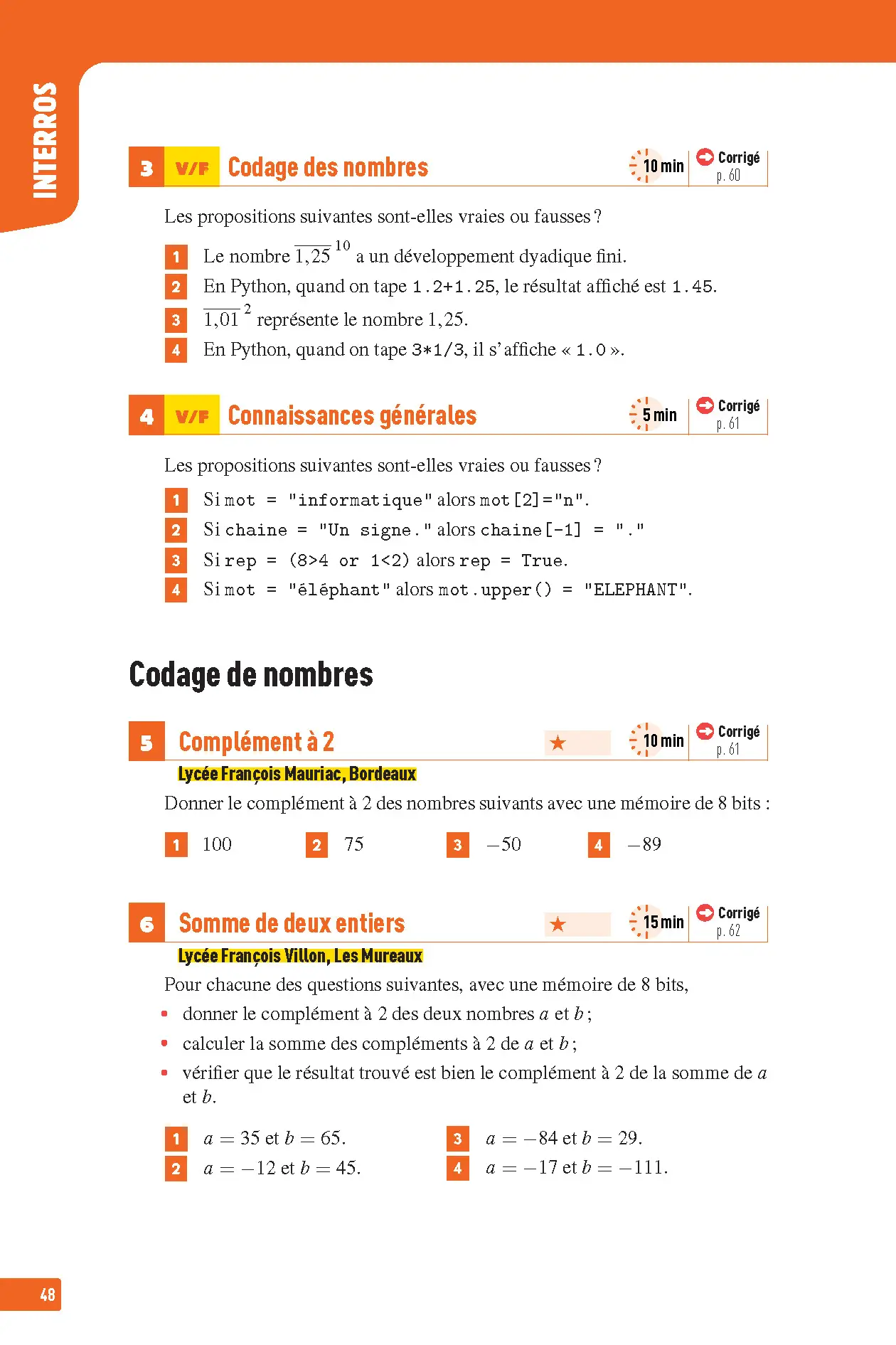 NSI (Numérique et Sciences Informatiques) Première - Interros des lycées 1re - Les vrais exos du BAC - + de 100 exercices avec corrigés détaillés - Bac 2027 - Cahier d'exercices - 9782095050177 - page intérieure 005