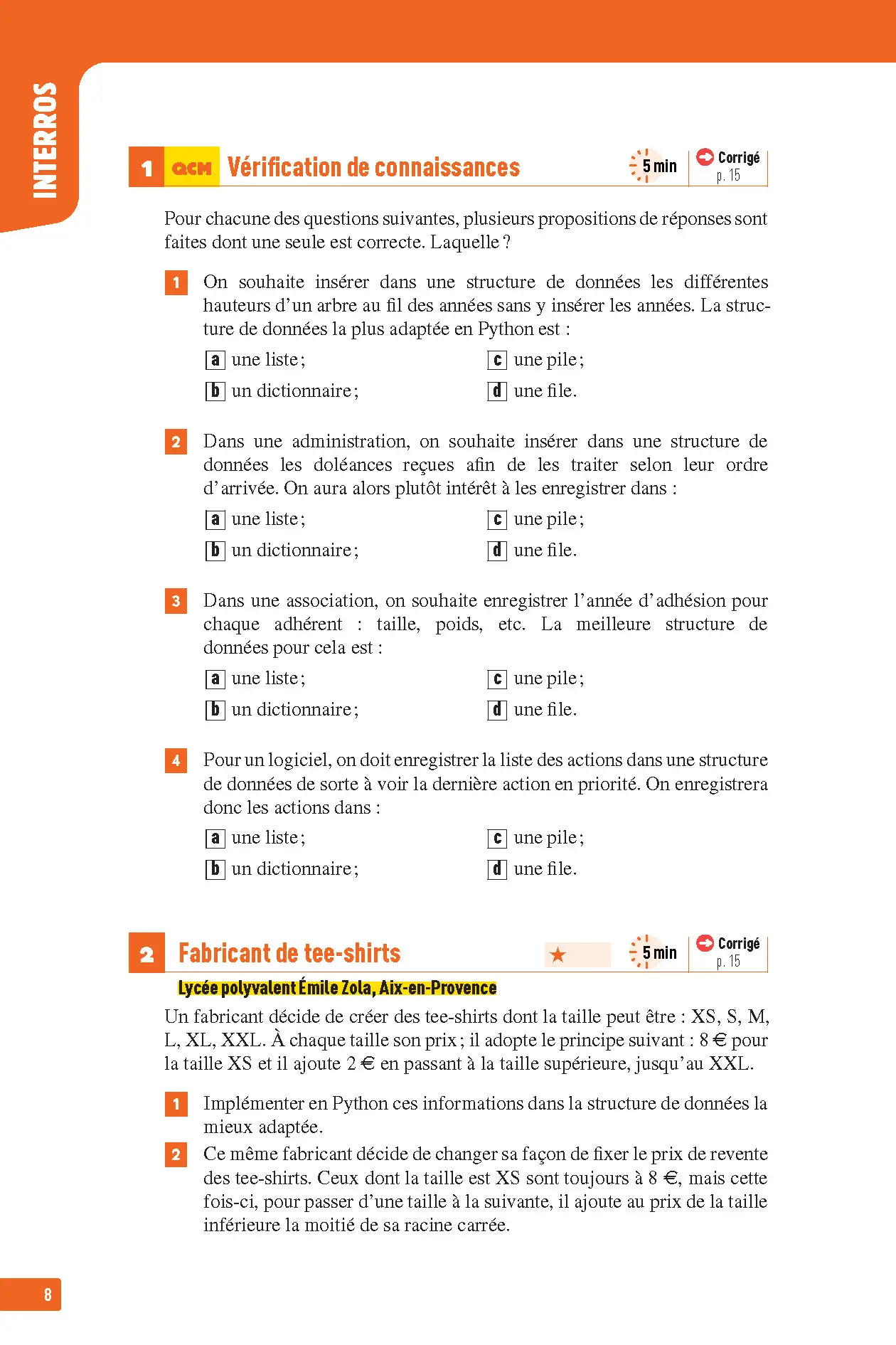 NSI (Numérique et Sciences Informatiques) Terminale - Interros des lycées Tle - Les vrais exos du BAC - + de 100 exercices avec corrigés détaillés - BAC 2027 - Cahier d'exercices - 9782095050184 - page intérieure 005