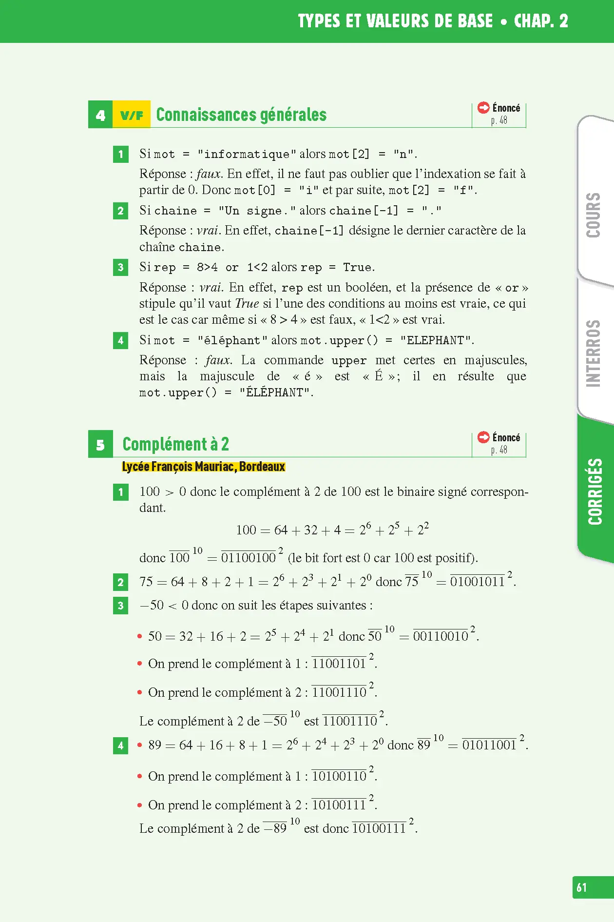 NSI (Numérique et Sciences Informatiques) Première - Interros des lycées 1re - Les vrais exos du BAC - + de 100 exercices avec corrigés détaillés - Bac 2027 - Cahier d'exercices - 9782095050177 - page intérieure 006