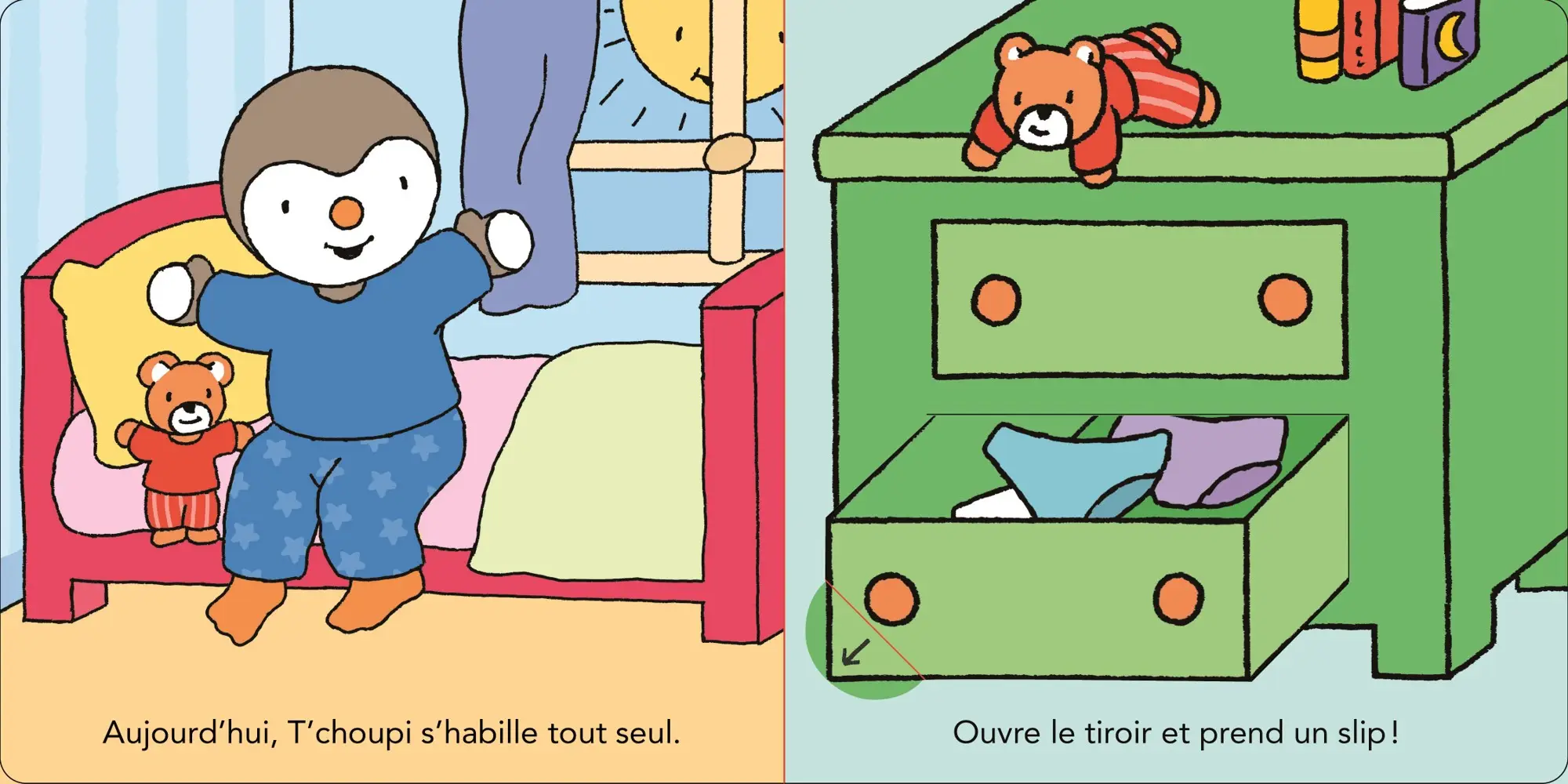 T'choupi s'habille comme un grand - Avec 7 animations pour encourager l'autonomie - Dès 2 ans  - Livre d'éveil - 9782092493854 - page-interieure 01