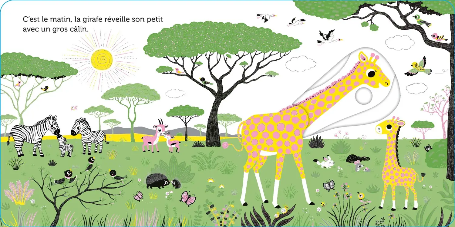Promenade dans la savane -  livre d'éveil animé, pour les bébés dès 6 mois - Livre d'éveil - 9782092497043 - page-interieure 01
