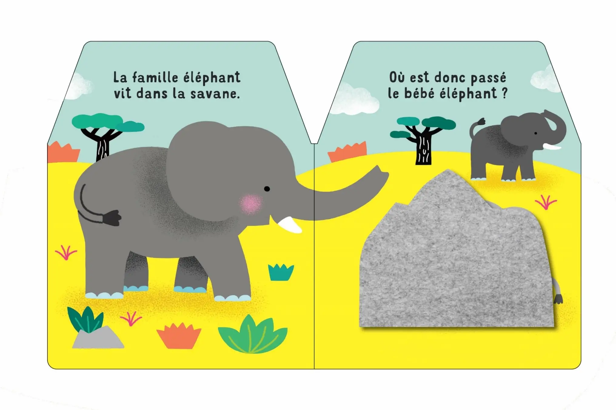 Cache cache - petit éléphant -  Livre à toucher dès 6 mois  - Livre d'éveil - 9782092592106 - page intérieure 01