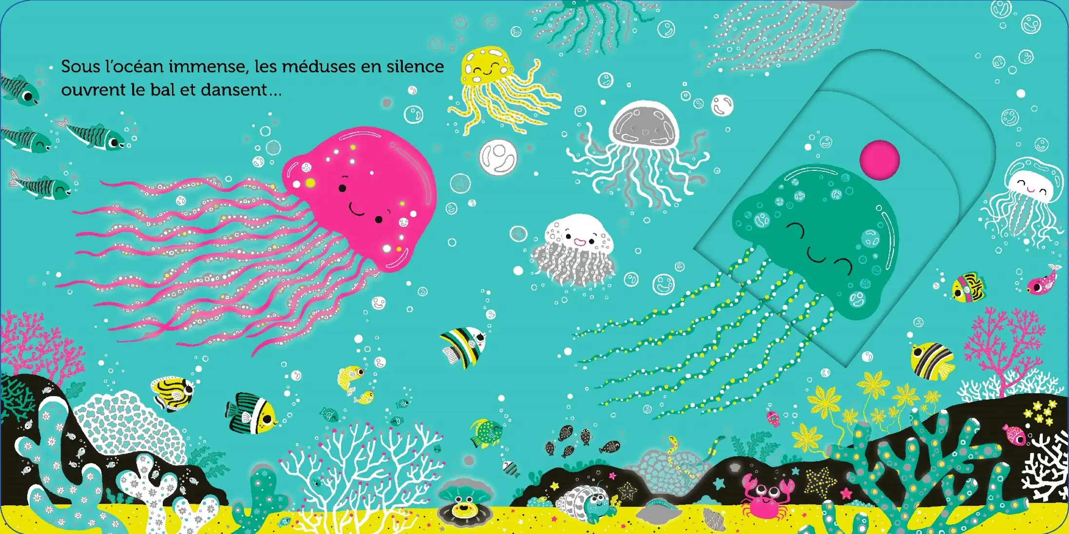 Promenade sous l'océan -  livre d'éveil animé, pour les bébés dès 6 mois - Livre d'éveil - 9782092596593 - page intérieure 01