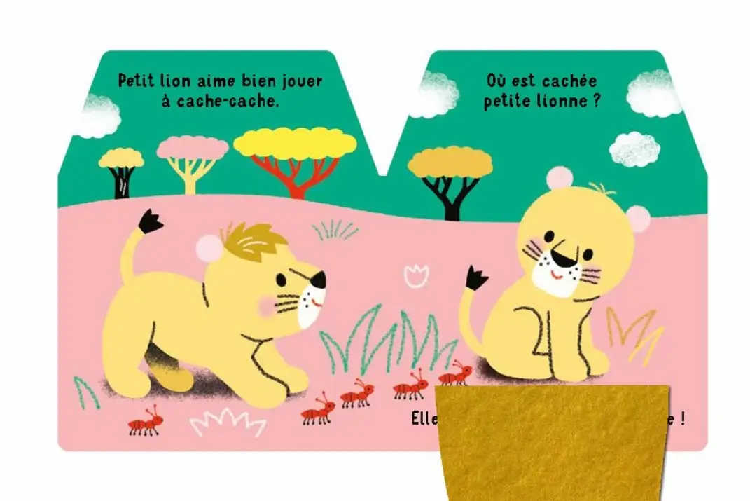 Cache-cache - Petit lion - 5 flaps en feutrine à soulever avec petit lion - dès 6 mois - Livre d'éveil - 9782095027261 - page-interieure 01