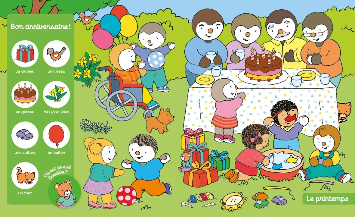 T'choupi  - Cherche et trouve les saisons - dès 2 ans  - Livre d'éveil - 9782095029371 - page-interieure 01