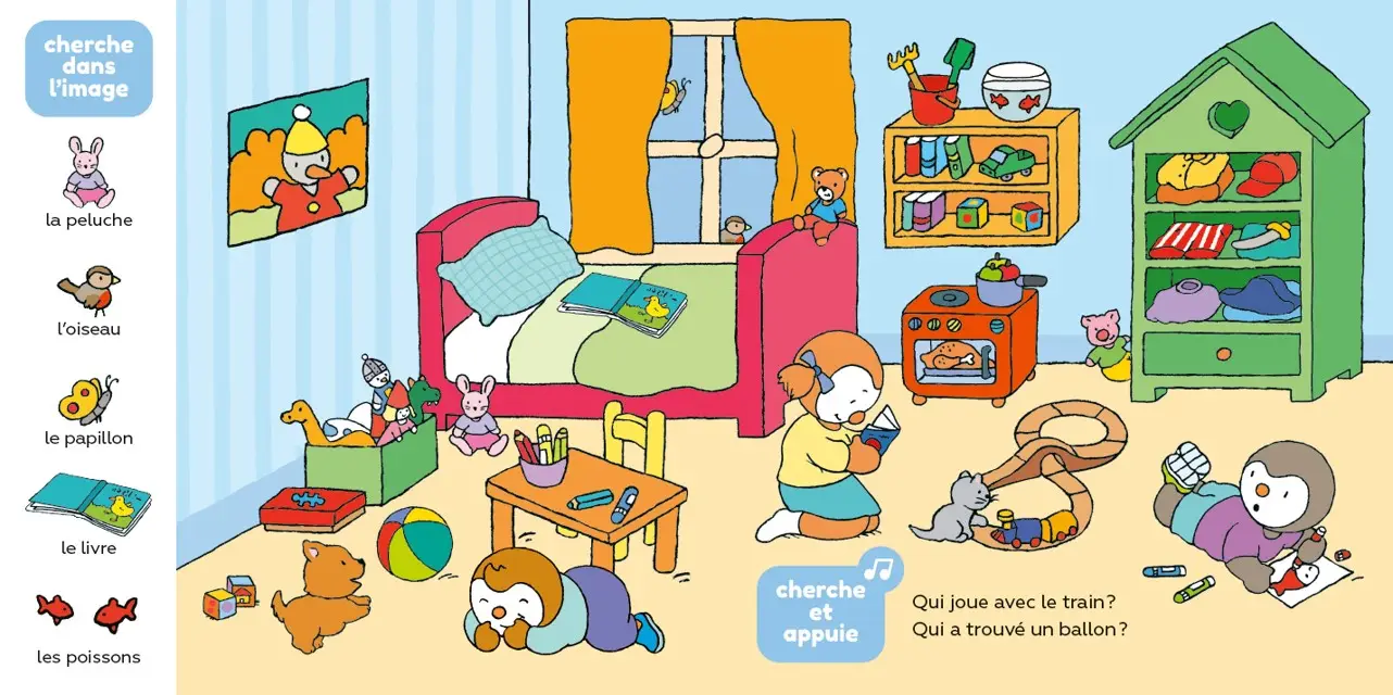 Cherche et trouve T'choupi - un livre sonore avec boutons pour découvrir les animaux - dès 2 ans - Livre d'éveil - 9782095029395 - page-interieure 01