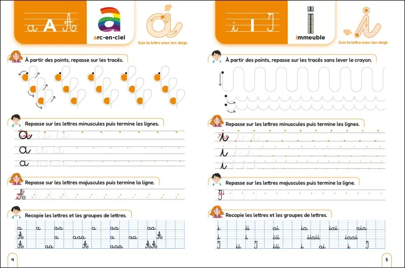  Cahier d'écriture - Regarde, je lis avec Mila et Noé - Apprentissage minuscules et majuscules pour enfants 5 ans et plus  - Cahier d'exercices - 9782095029951 - page-interieure 01