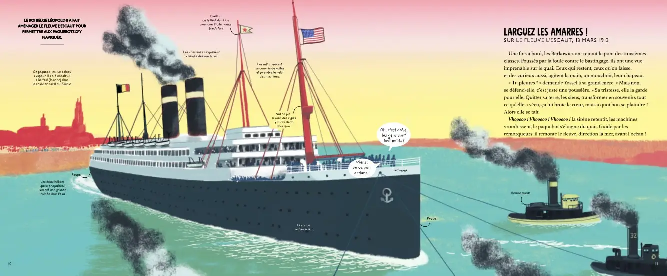 A bord de l'Histoire - Embarquement pour l'Amérique - Un album pour revivre la traversée de l'Atlantique et le rêve américain en 1913 - dès 7 ans - Livre documentaire - 9782095043001 - page-interieure 01
