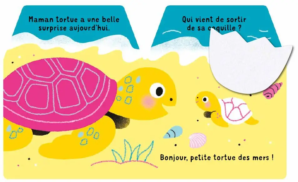 Cache-cache petite tortue des mers - Une petite tortue à découvrir derrière 5 grands flaps en feutrine - dès 6 mois - Livre d'éveil - 9782095043100 - page-interieure 01