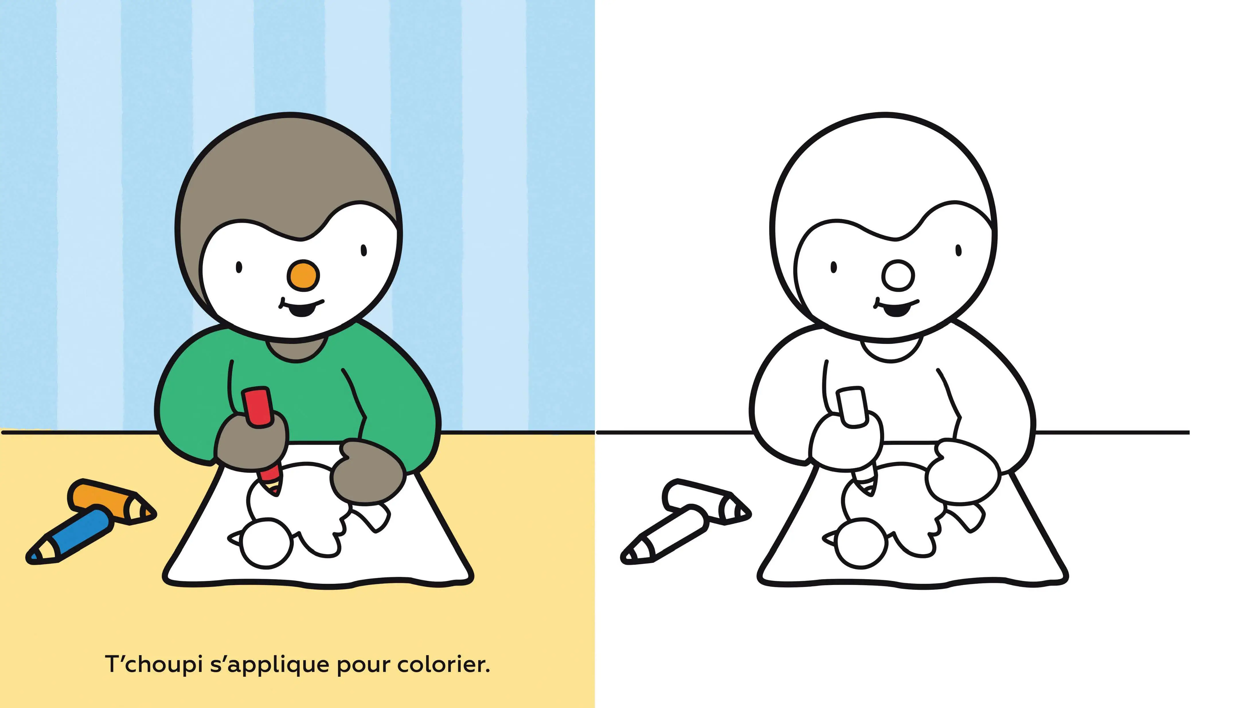 Colorie T'choupi sans dépasser - Pour préparer sa rentrée à l'école et colorier toute l'année ! - dès 2 ans - Cahier d'activités - 9782095044473 - page-interieure 01