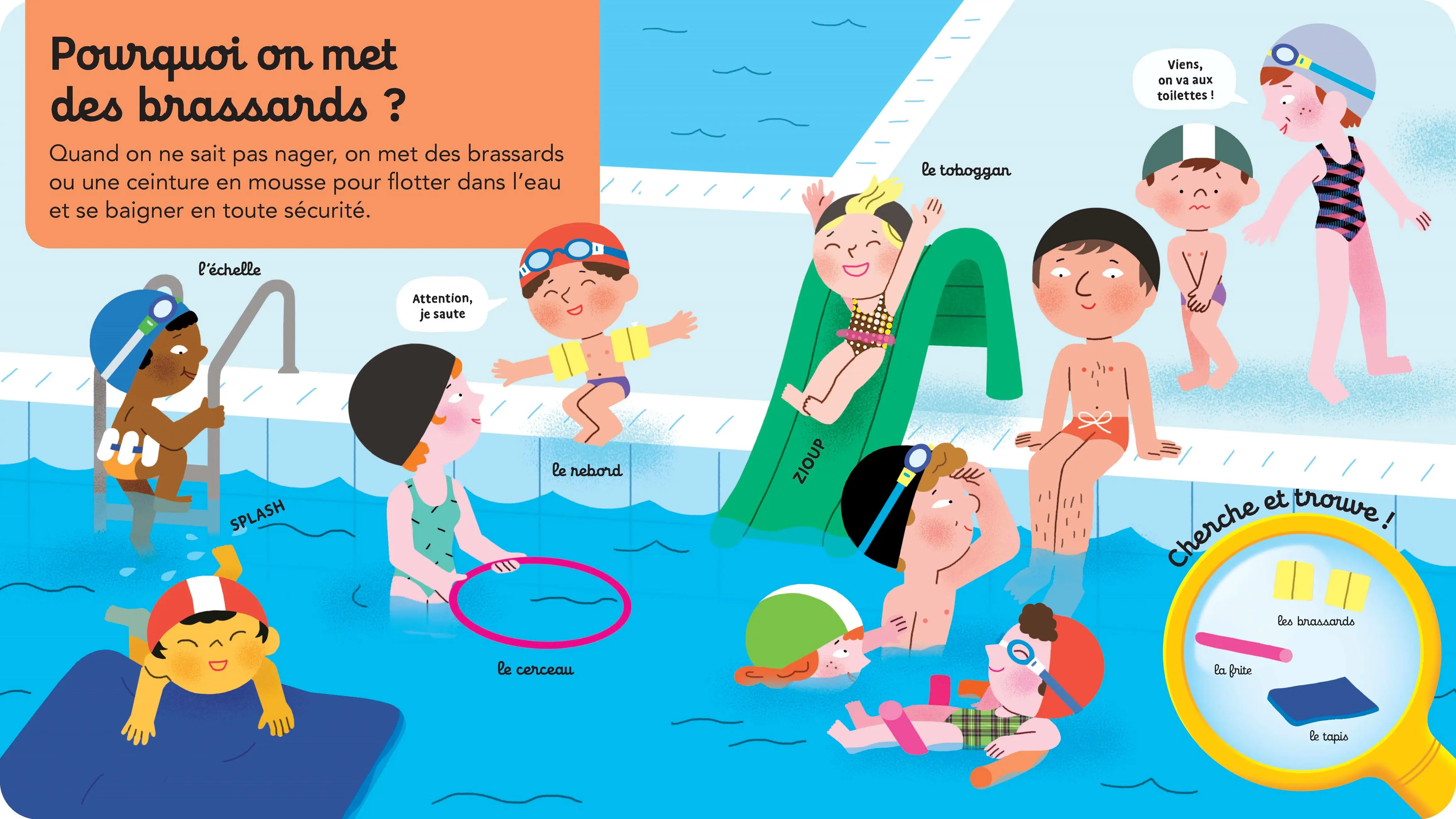 Questions Réponse : A la piscine - Un livre parfait pour les enfants un peu stressés par l'eau ou les inconditionnels de la piscine ! - dès 2 ans - Livre documentaire - 9782095045388 - page-interieure 01