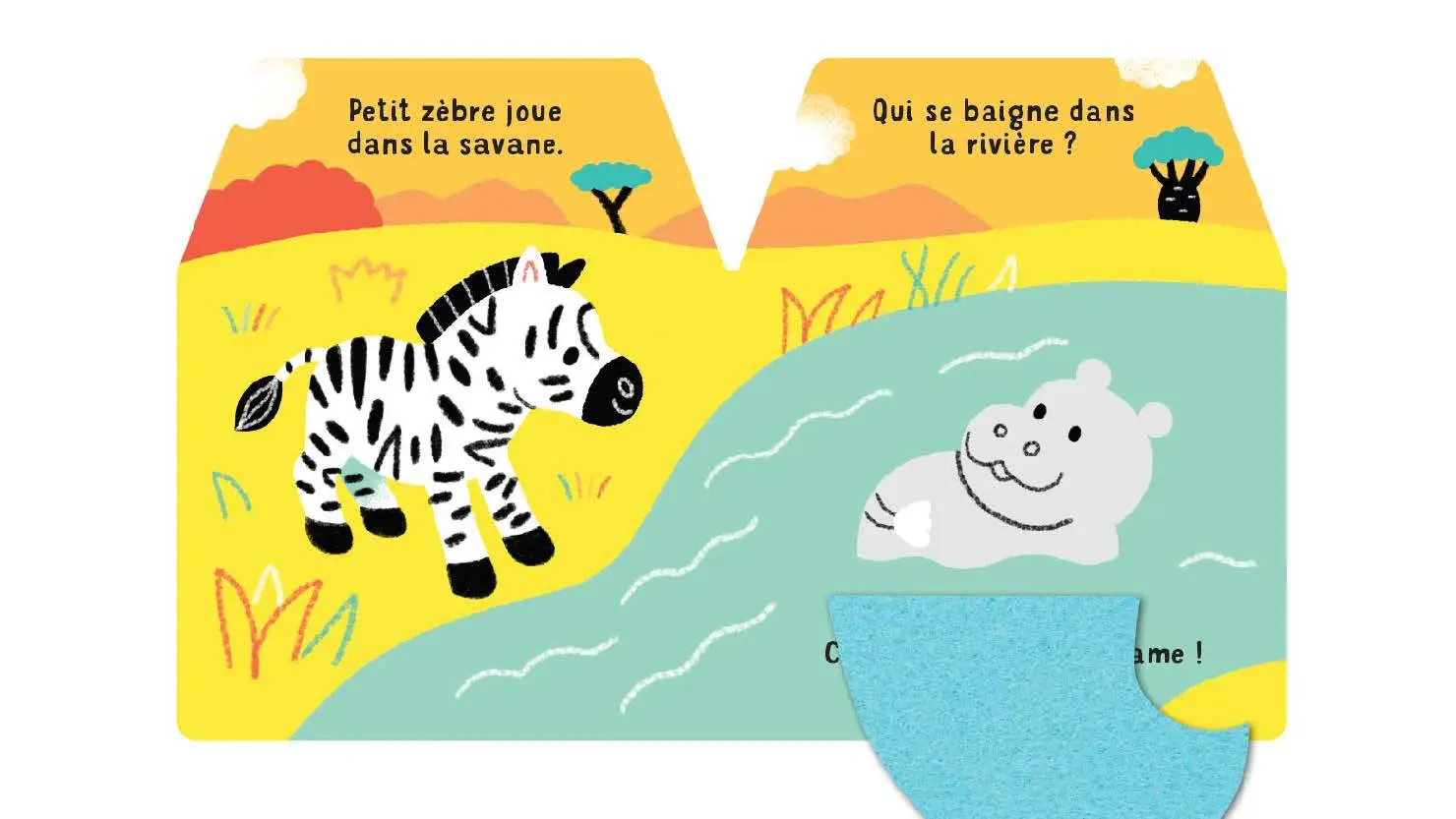 Cache-cache petit zèbre - 5 grands flaps en feutrine découpés pour suivre les aventures de petit zèbre ! - accessible dès 6 mois - Livre d'éveil - 9782095047306 - page-interieure 01
