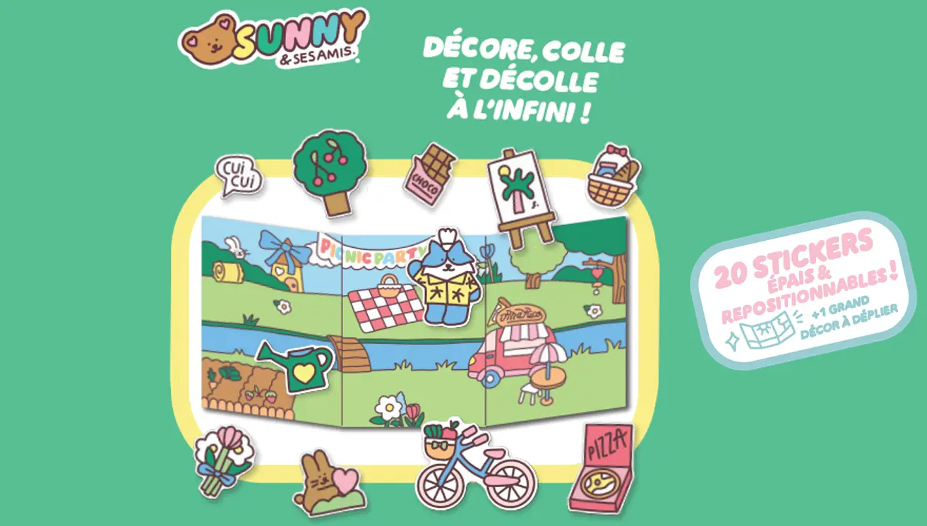 Sunny & ses amis - Picnic Party ! - Des stickers épais, repositionnables et lavables - Cahier d'activités - 9782095053253 - page-interieure 01