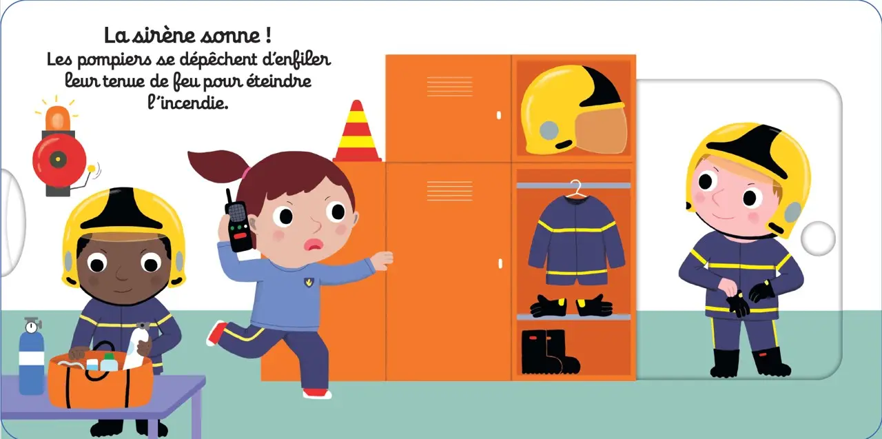 Au feu, petit pompier !  Collection Kididoc - Le premier livre animé pour découvrir le métier de pompier (dès 1 an) - Livre documentaire - 9782095058708 - page-interieure 01