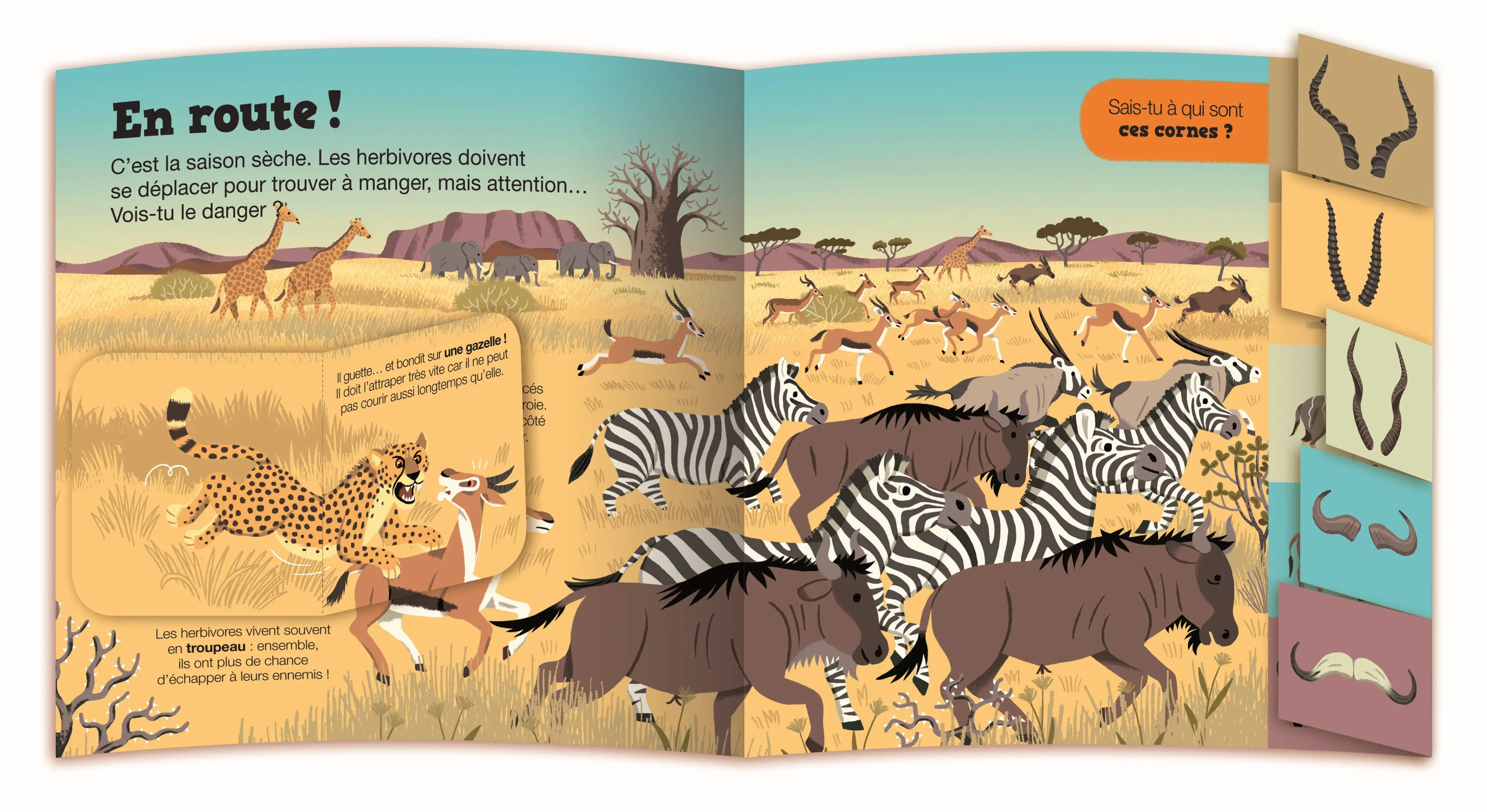 Les animaux de la savane - Livre animé Kididoc - Explore les mystères de la faune sauvage avec des animations - Dès 5 ans - Livre documentaire - 9782095059590 - page-interieure 01