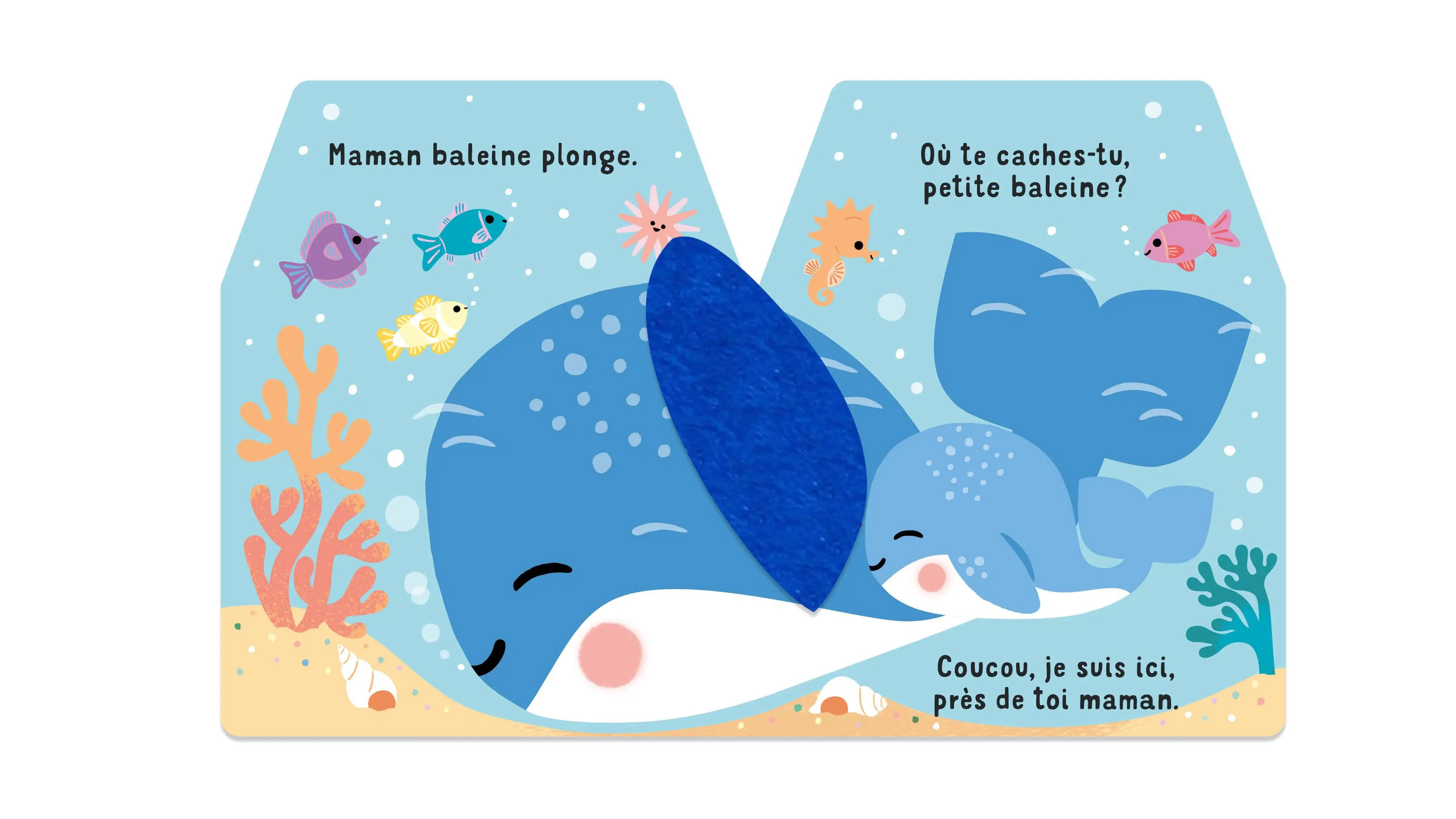 Cache-cache petite baleine - 5 grands flaps en feutrines à manipuler - Dès 6 mois - Livre d'éveil - 9782095064334 - page-interieure 01