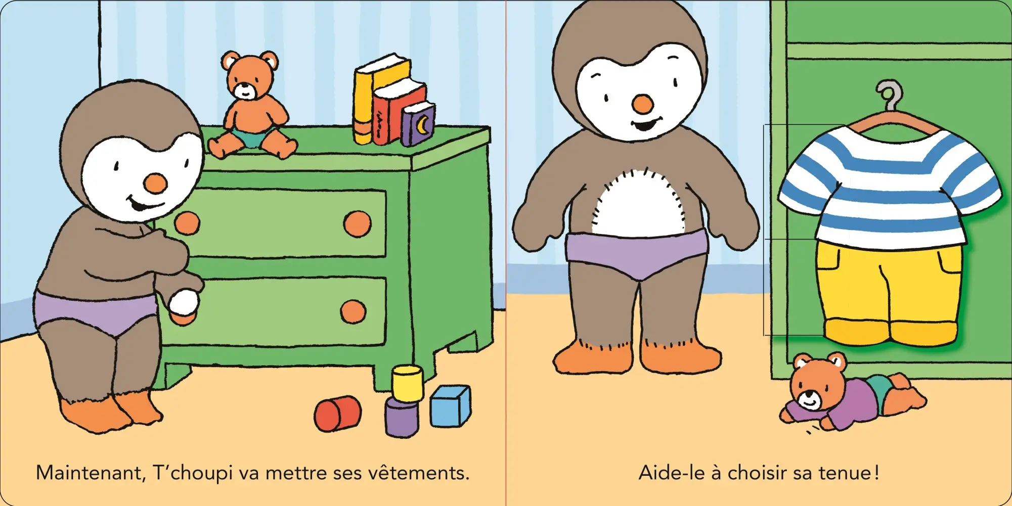 T'choupi s'habille comme un grand - Avec 7 animations pour encourager l'autonomie - Dès 2 ans  - Livre d'éveil - 9782092493854 - page-interieure 02