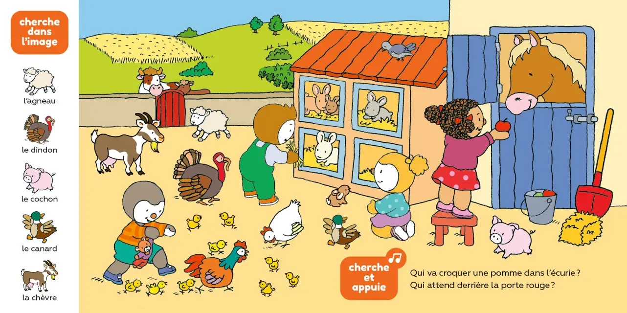 Cherche et trouve T'choupi - un livre sonore avec boutons pour découvrir les animaux - dès 2 ans - Livre d'éveil - 9782095029395 - page-interieure 02