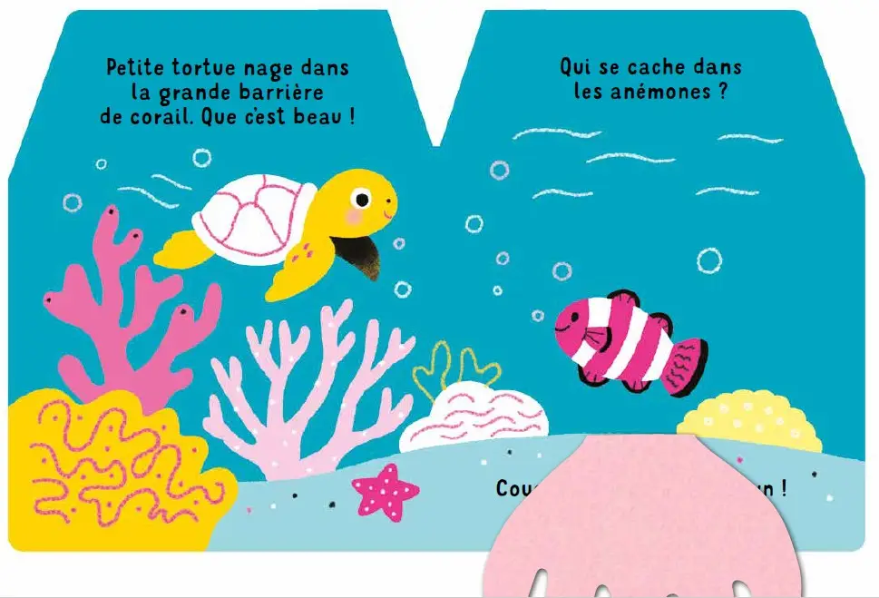 Cache-cache petite tortue des mers - Une petite tortue à découvrir derrière 5 grands flaps en feutrine - dès 6 mois - Livre d'éveil - 9782095043100 - page-interieure 02