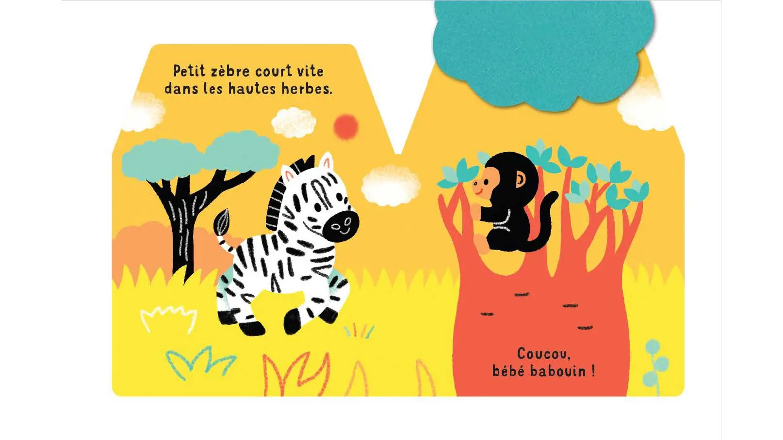 Cache-cache petit zèbre - 5 grands flaps en feutrine découpés pour suivre les aventures de petit zèbre ! - accessible dès 6 mois - Livre d'éveil - 9782095047306 - page-interieure 02