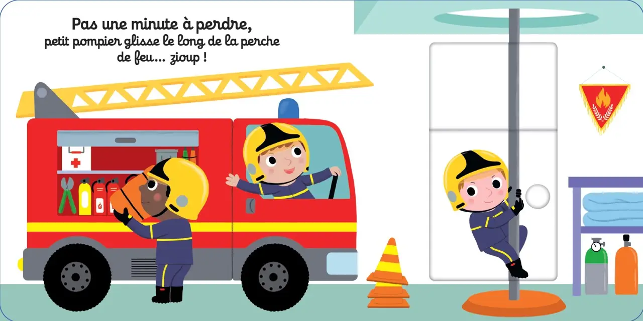 Au feu, petit pompier !  Collection Kididoc - Le premier livre animé pour découvrir le métier de pompier (dès 1 an) - Livre documentaire - 9782095058708 - page-interieure 02