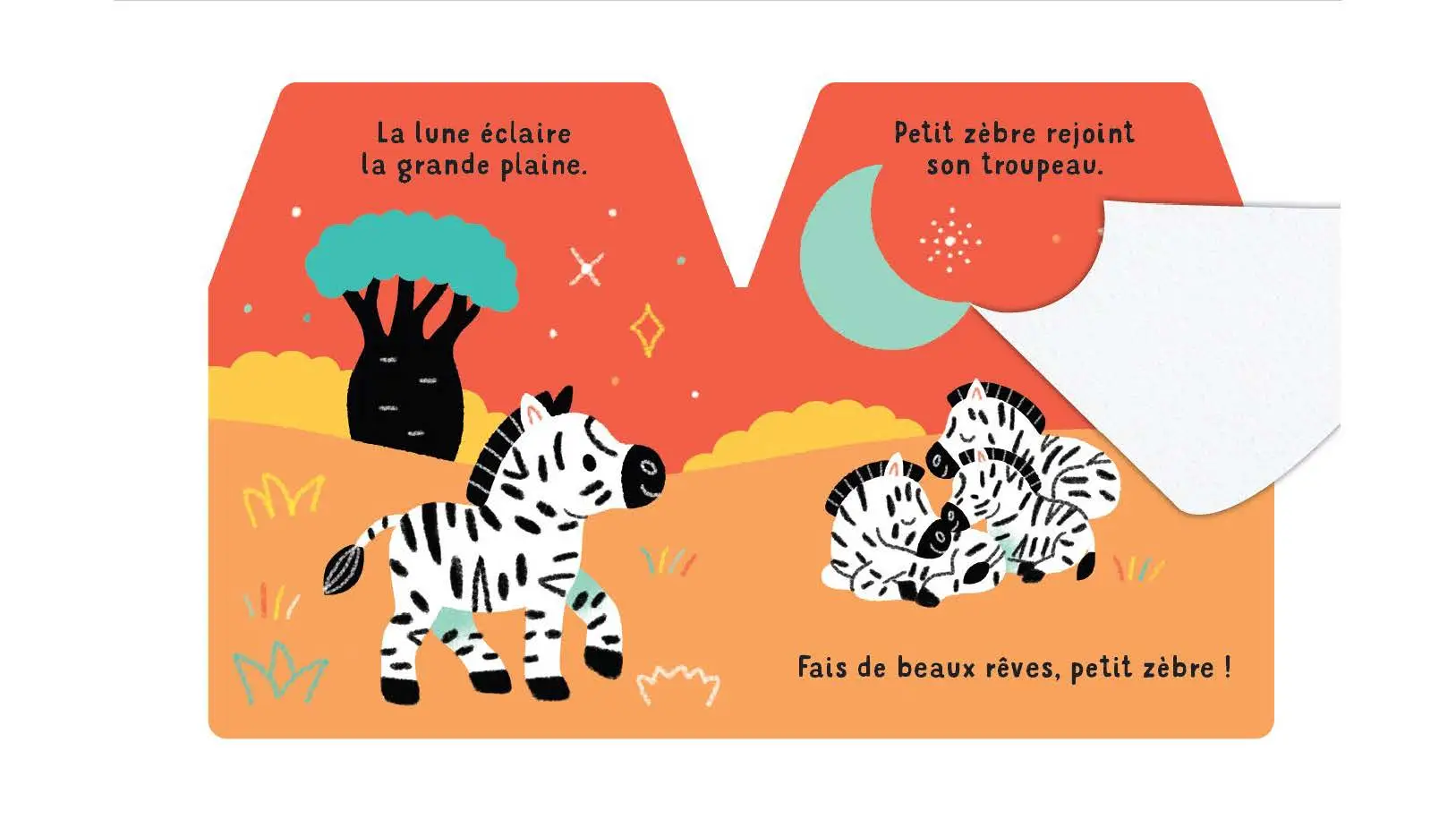 Cache-cache petit zèbre - 5 grands flaps en feutrine découpés pour suivre les aventures de petit zèbre ! - accessible dès 6 mois - Livre d'éveil - 9782095047306 - page-interieure 03