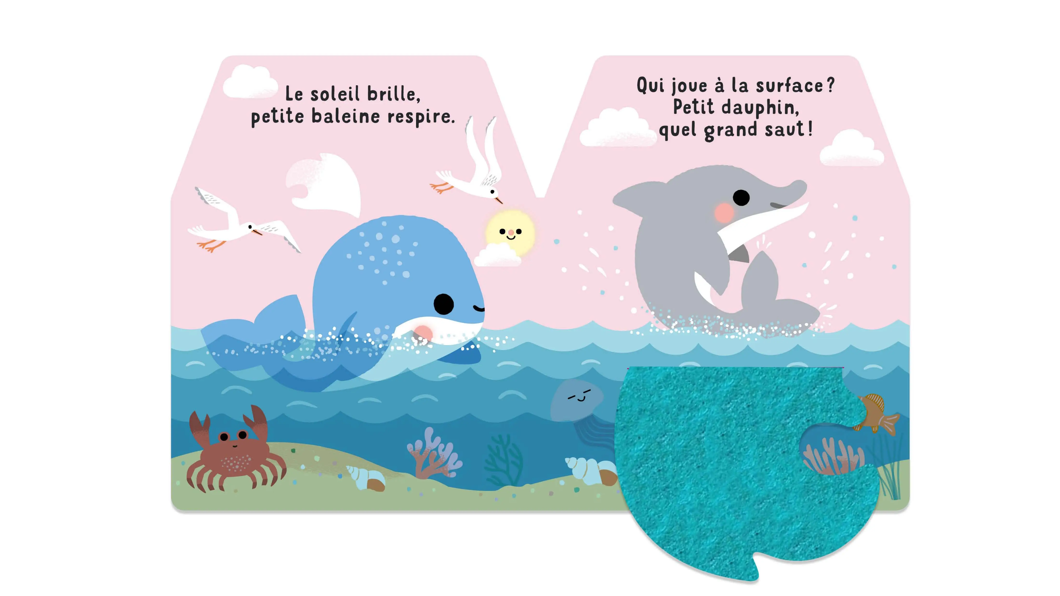 Cache-cache petite baleine - 5 grands flaps en feutrines à manipuler - Dès 6 mois - Livre d'éveil - 9782095064334 - page-interieure 03