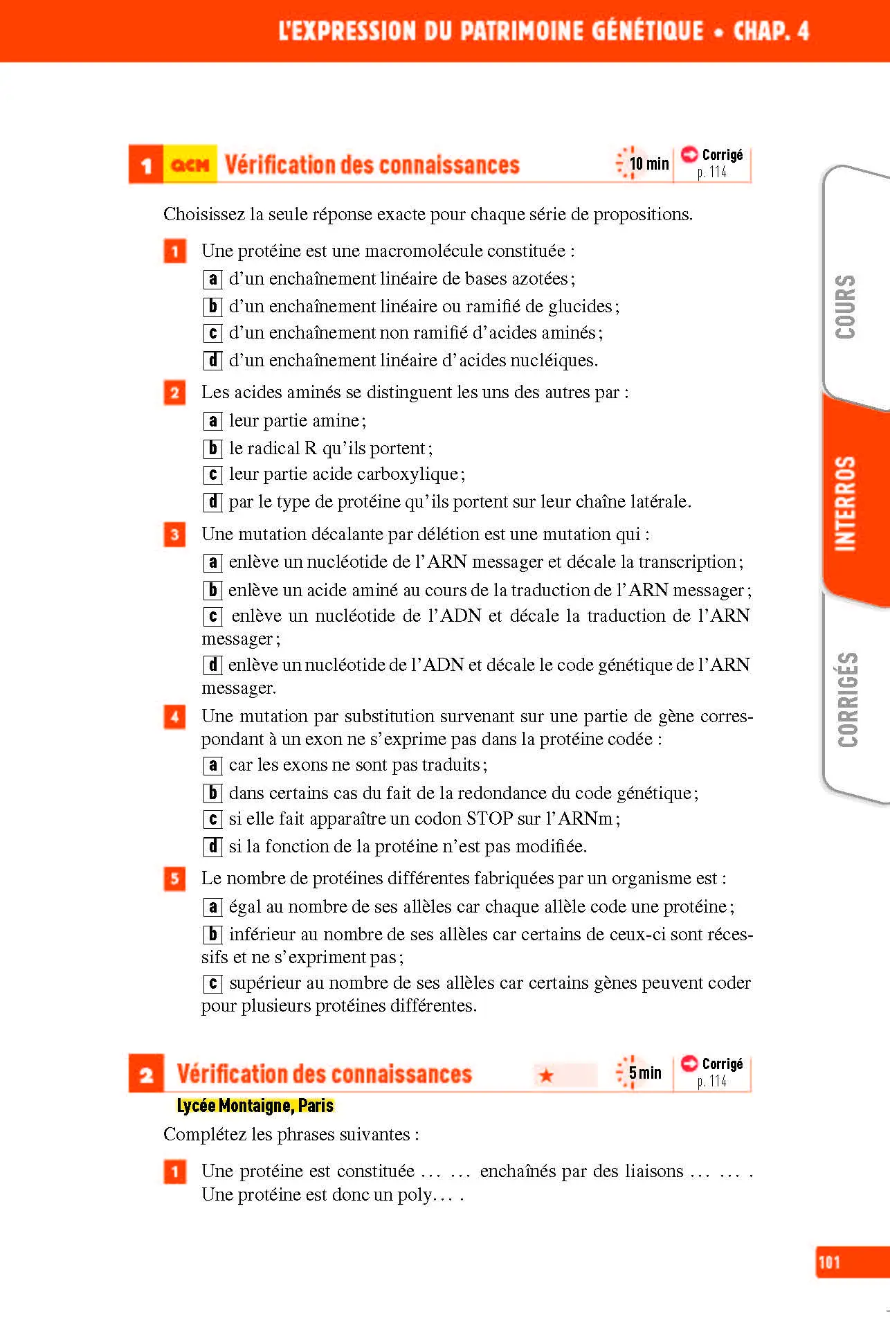 SVT (Sciences de la vie et de la Terre) Première - Interros des lycées 1re - Les vrais exos du BAC - + de 100 exercices avec corrigés détaillés - Bac 2027 - Cahier d'exercices - 9782095023362 - page intérieure 101
