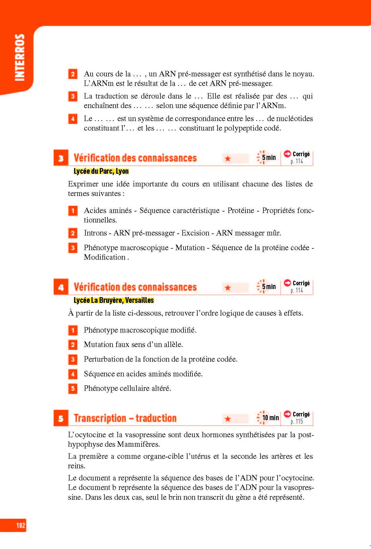 SVT (Sciences de la vie et de la Terre) Première - Interros des lycées 1re - Les vrais exos du BAC - + de 100 exercices avec corrigés détaillés - Bac 2027 - Cahier d'exercices - 9782095023362 - page intérieure 102