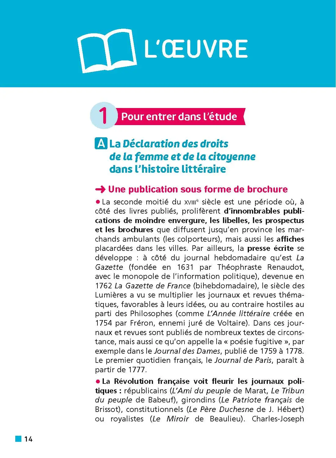Analyse et étude de l'oeuvre La Déclaration des droits de la femme et de la citoyenne de Olympe de Gouges - BAC Français 1re 2025 - Parcours associé Ecrire et combattre pour l'égalité -  - 9782091321172 - Page intérieure 14
