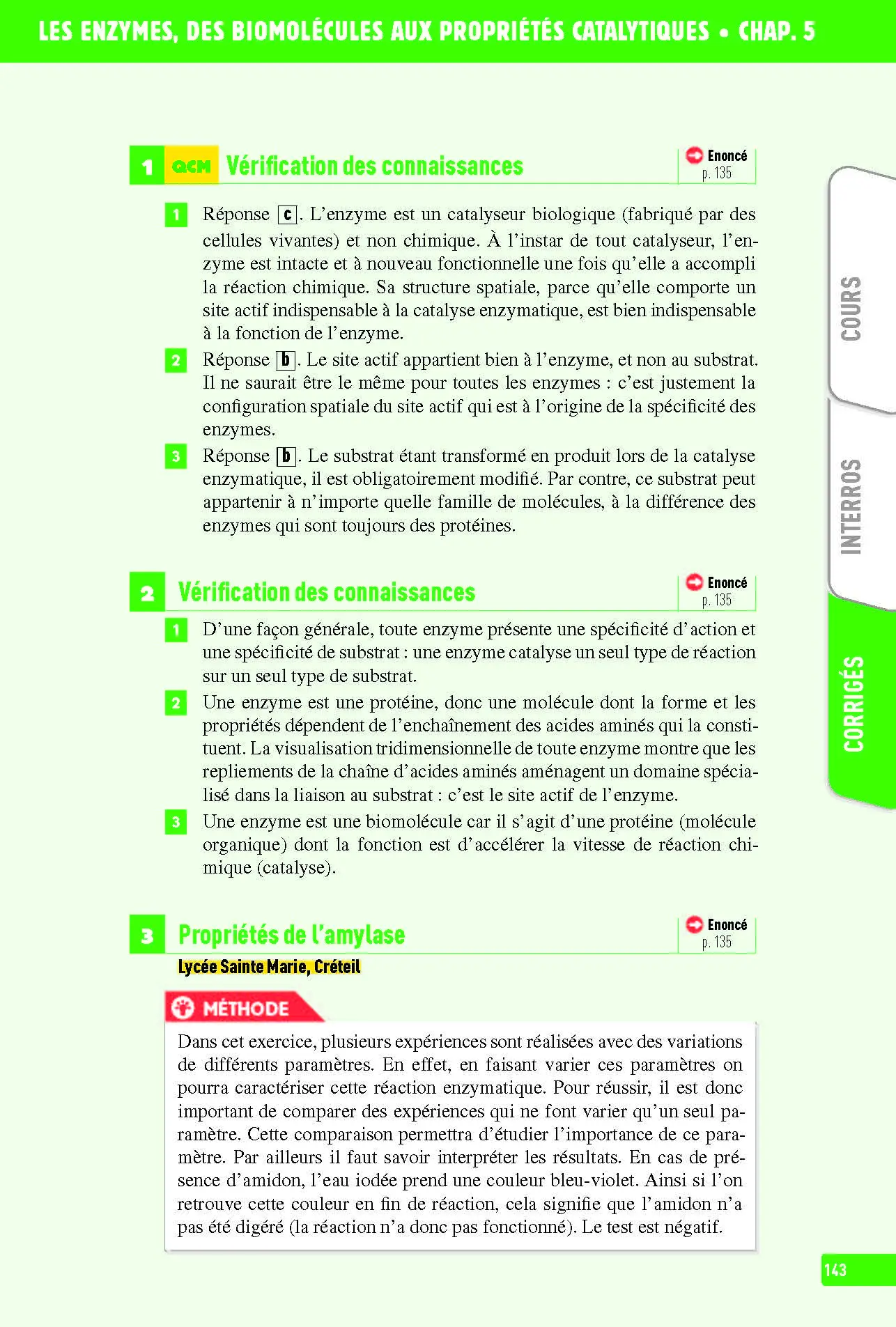 SVT (Sciences de la vie et de la Terre) Première - Interros des lycées 1re - Les vrais exos du BAC - + de 100 exercices avec corrigés détaillés - Bac 2027 - Cahier d'exercices - 9782095023362 - page intérieure 143
