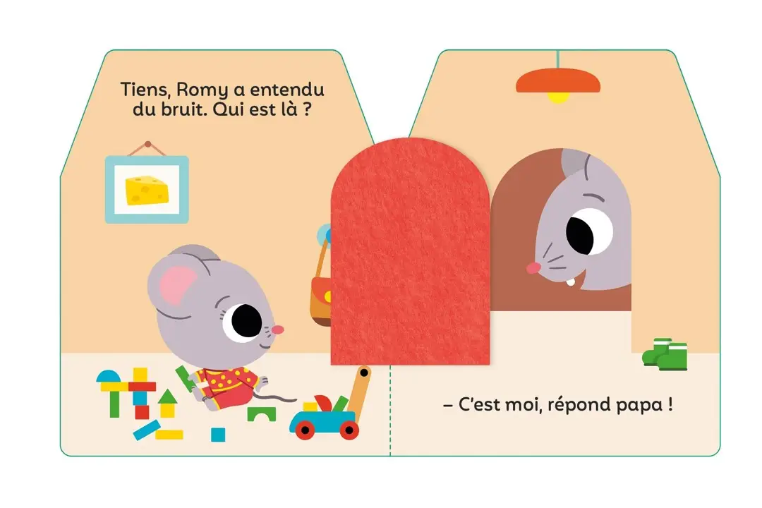 Cache-cache - Romy bébé souris - Un livre de coucou/caché avec 5 flaps en feutrine - Dès 6 mois - Livre d'éveil - 9782095058470 - page interieure 2