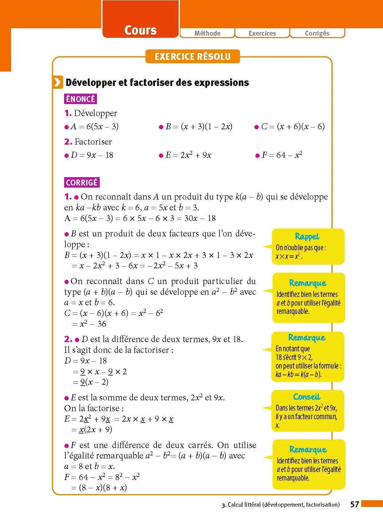 Maths 3e - ABC Réussite - Le Brevet efficace - Cours, Méthode, Exercices - Brevet 2027 - Livre de cours, méthode et exercices - 9782091571034 - page intérieure 57