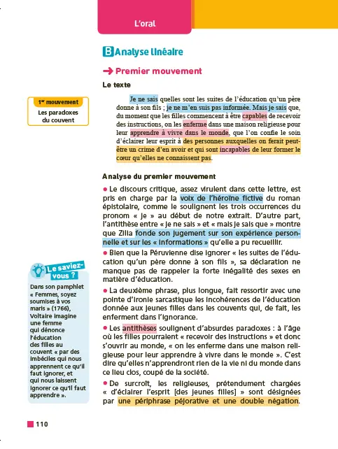 Analyse et étude de l'oeuvre - Lettres d'une Péruvienne, Graffigny - Réussir son BAC Français 1re 2026 - Parcours associé « un nouvel univers s?est offert à mes yeux » - Une oeuvre, un parcours - Livre parascolaire - 9782095047627 - Page intérieure 6