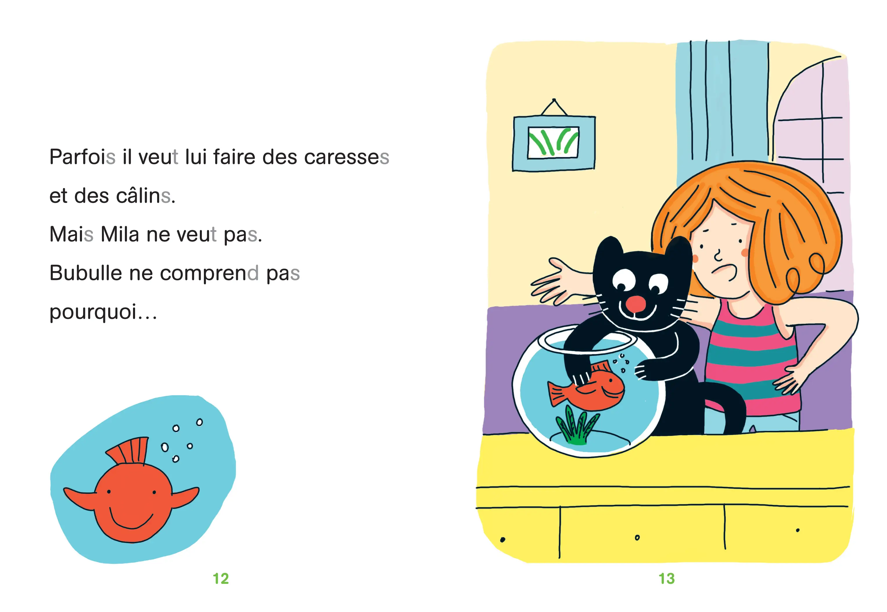 Regarde, je lis ! -  Le poisson rouge de Mila - Lecture CP Niveau 3  - Roman - 9782091933979 - page intérieure