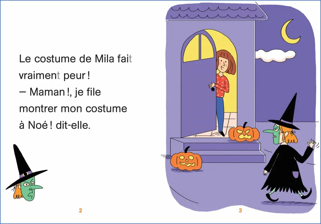 Regarde, je lis avec Noé et Mila - Lecture CP Niveau 2 -  Mila et Noé fêtent Halloween - Roman - 9782091935058 - page-interieure