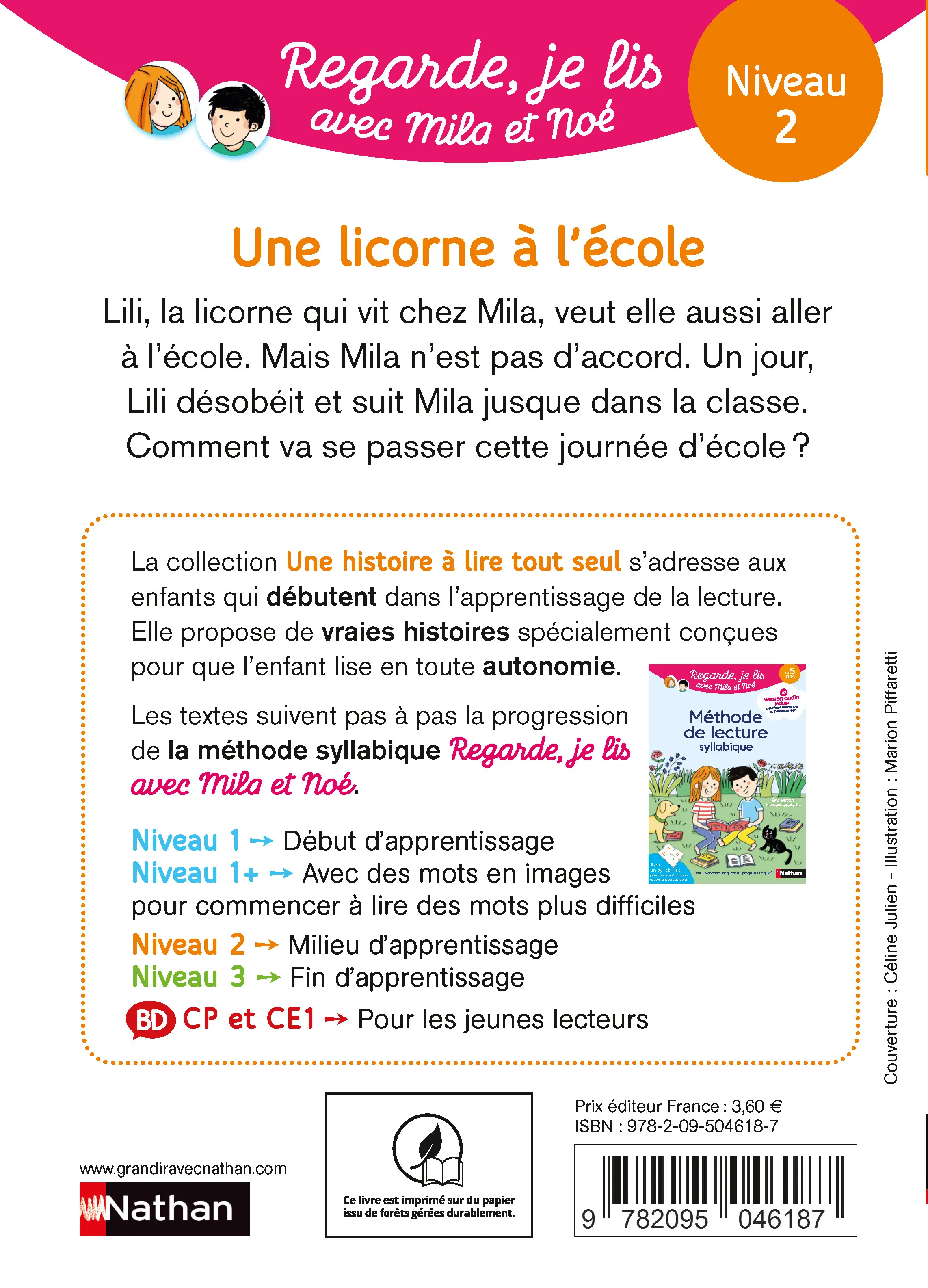 Regarde je lis ! Une licorne à l'école - Livre de lecture progressif pour lecteurs débutants - Dès 5 ans - Roman - 9782095046187 - page intérieure plat 4