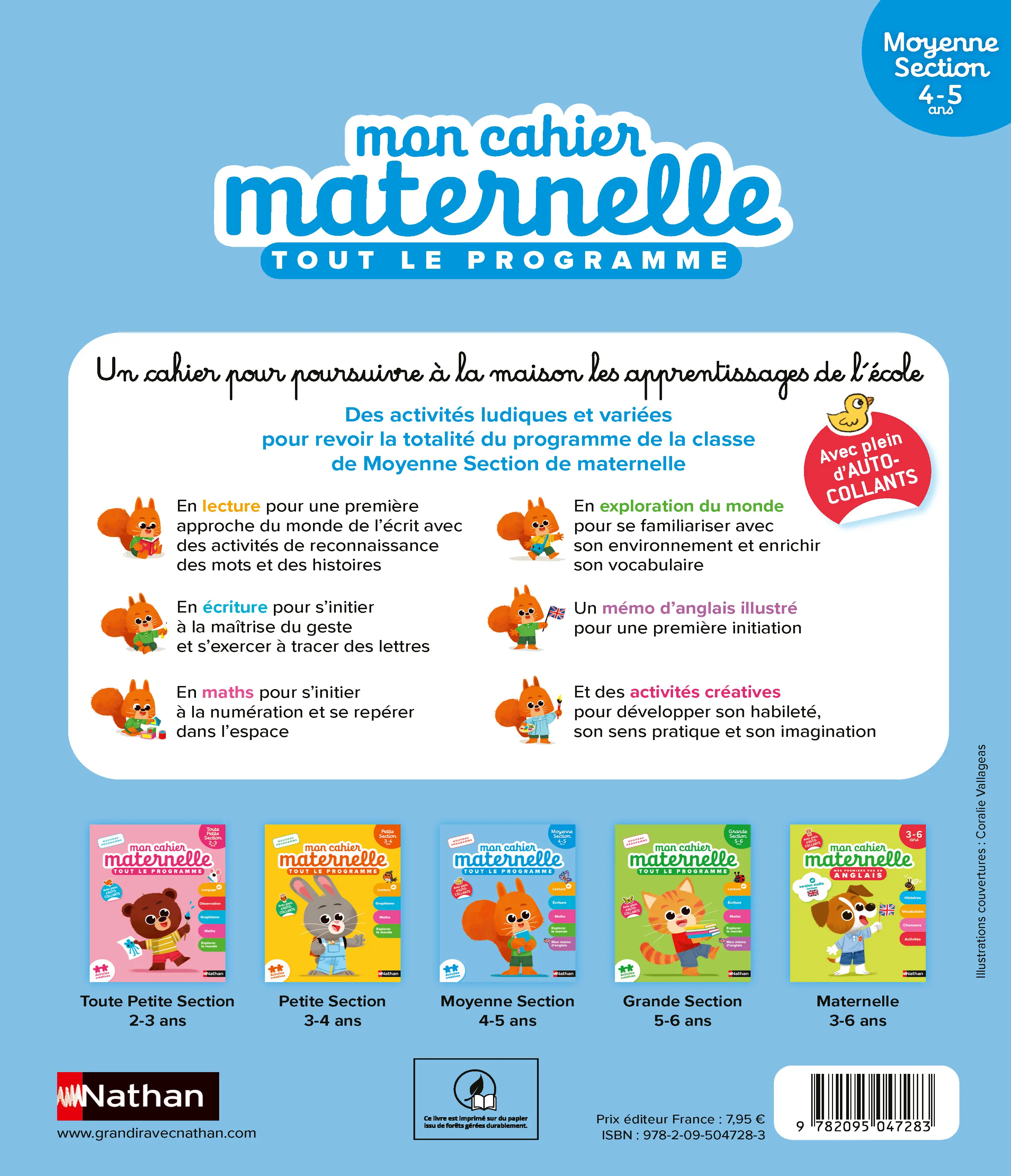 Mon Cahier Maternelle - Moyenne section 4-5 ans - Apprentissage complet avec autocollants - lecture, écriture, maths et initiation anglais - Cahier d'exercices - 9782095047283 - page intérieure plat 4