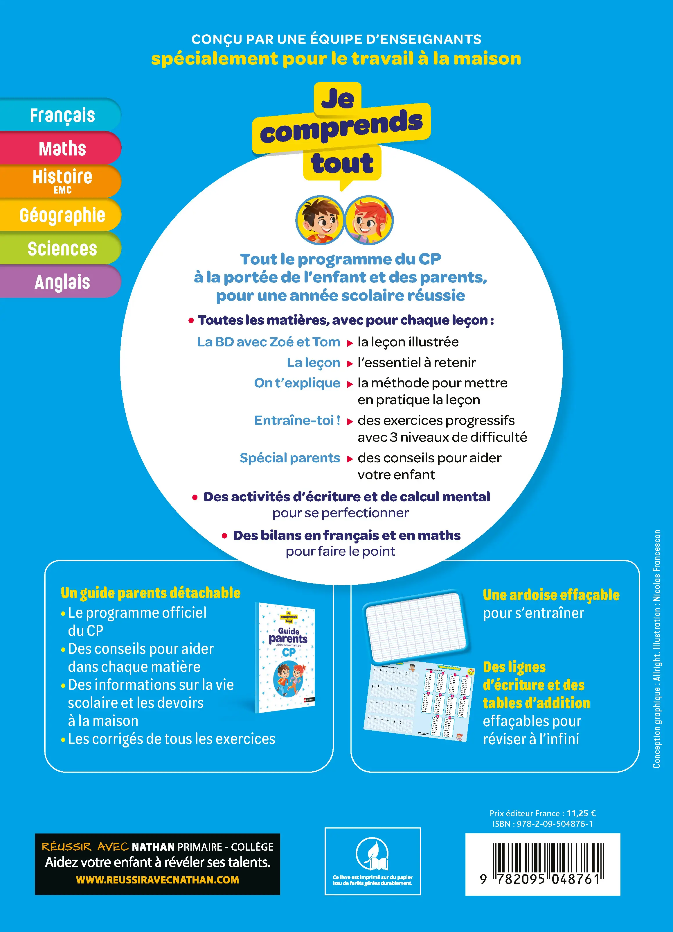  Je Comprends Tout CP - Tout-en-un (cours + exercices) pour réviser tout le programme du CP Français, Maths, Sciences, Histoire, Géographie, Anglais + Ardoise effaçable - Guide parents inclus - Tout-en-un - 9782095048761 - page intérieure plat 4