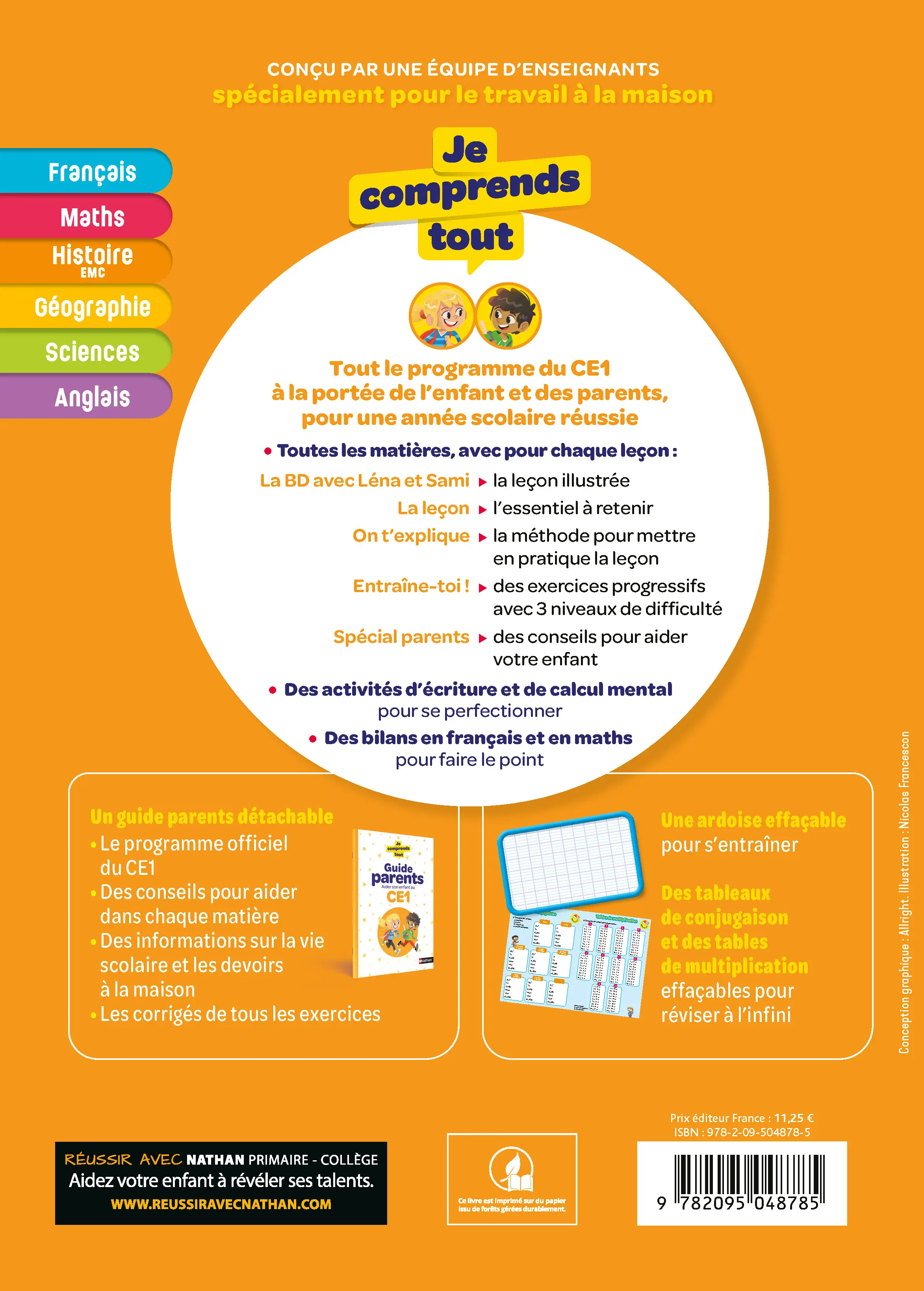 Je Comprends Tout CE1 - Tout le programme du CE1 avec ardoise effaçable - Français, Maths, Sciences, Histoire, Géographie, Anglais - Méthodes, exercices progressifs et corrigés détachables pour parent - Tout-en-un - 9782095048785 - page intérieure plat 4