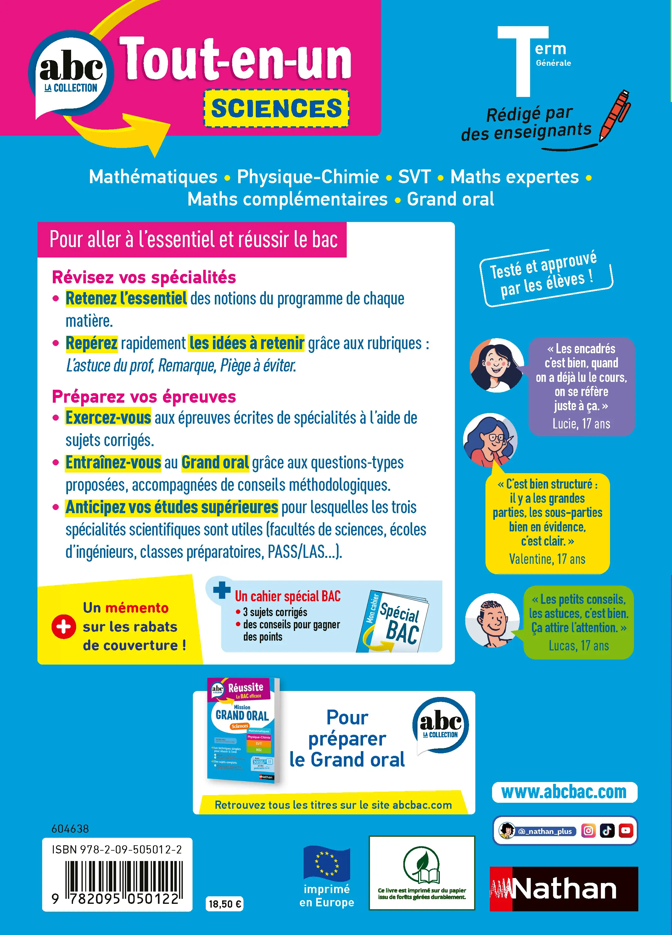 ABC Tout en un Sciences Terminale Générale - Maths, Physique-Chimie, SVT, Maths expertes, Maths complémentaires, Grand Oral - Bac 2027  - Cours, exercices et sujets, corrigés - Tout-en-un - 9782095050122 - page intérieure plat 4