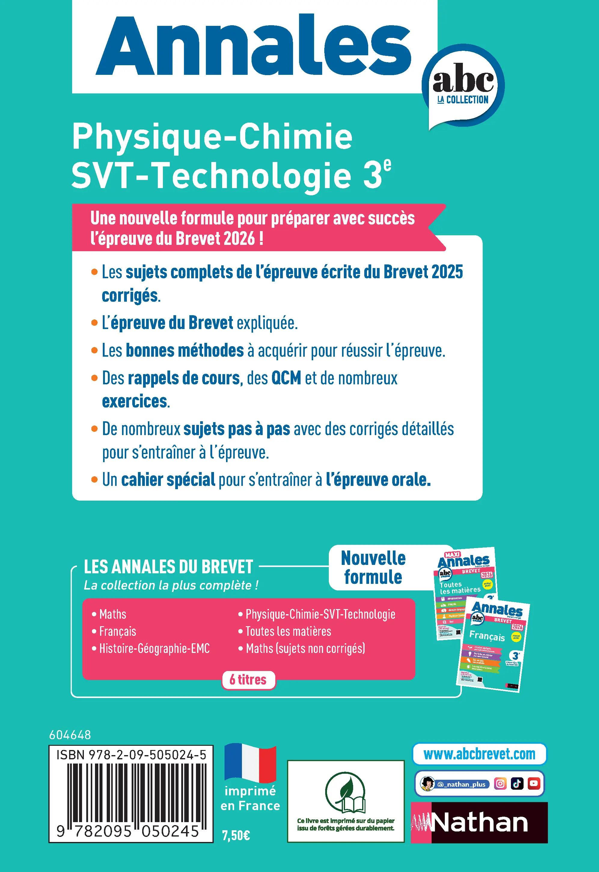 Annales ABC du Brevet 2026 - Physique-Chimie - SVT - Technologie 3e - Sujets et corrigés + fiches de révisions - Livre parascolaire - 9782095050245 - page intérieure plat 4