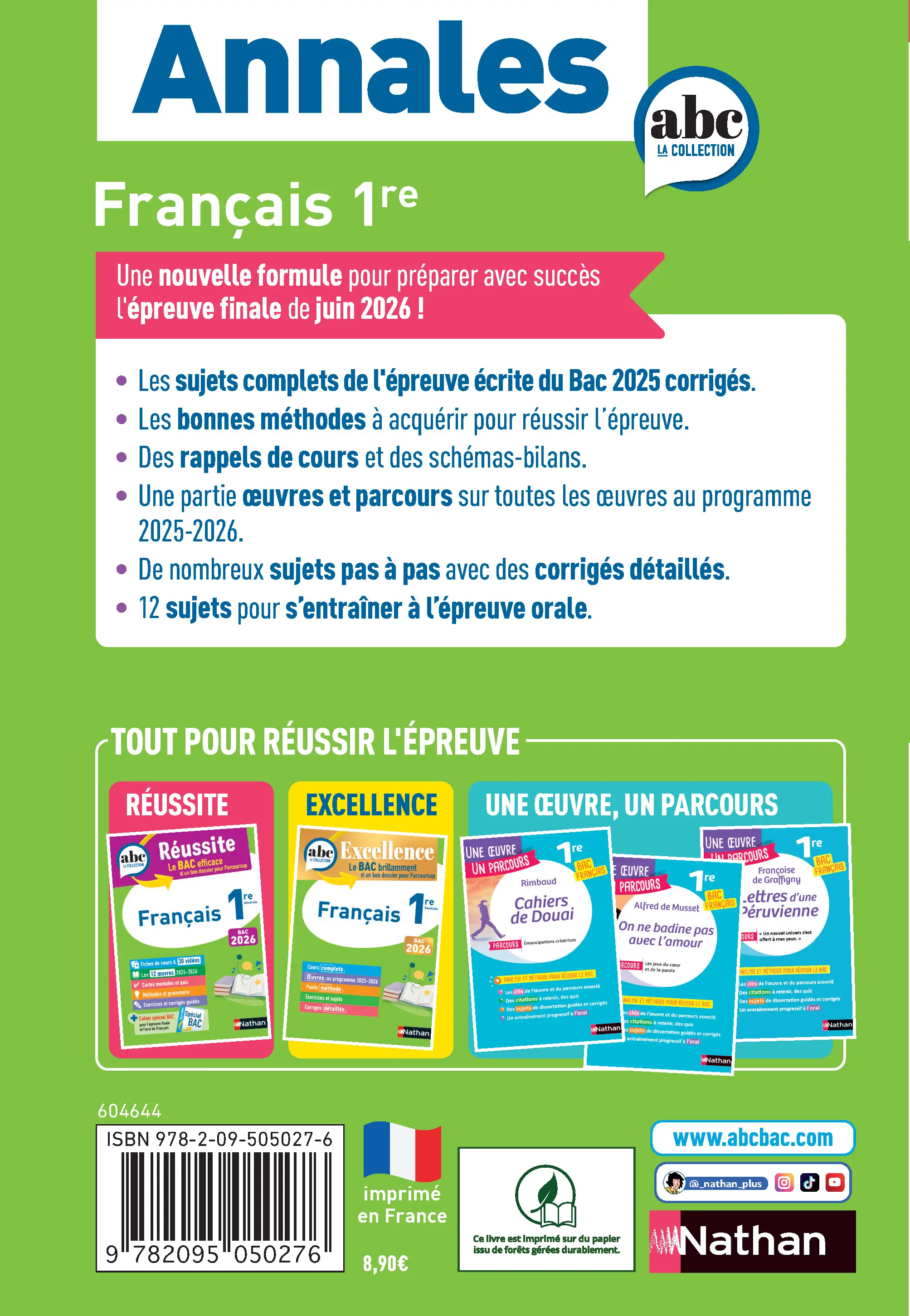 Annales ABC du BAC 2026 - Français 1re - Sujets et corrigés - Enseignement commun première - Epreuve finale Bac 2026 - Livre parascolaire - 9782095050276 - page intérieure plat 4