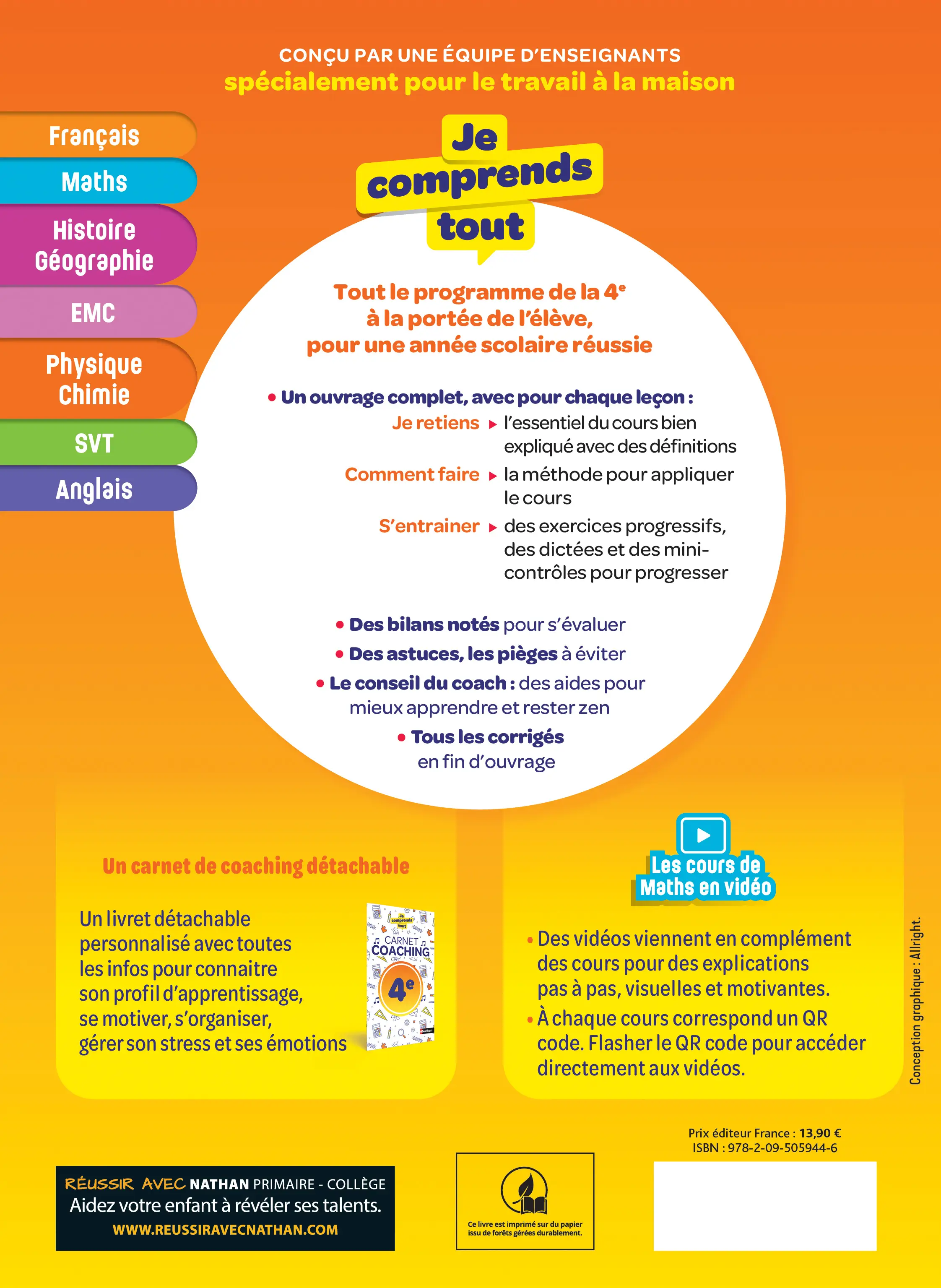 Je comprends tout 4e - Toutes les matières - Français, Maths, Histoire-Géo, EMC, SVT, Physique-Chimie, Anglais - Cahier d'exercices - 9782095059446 - page intérieure plat 4