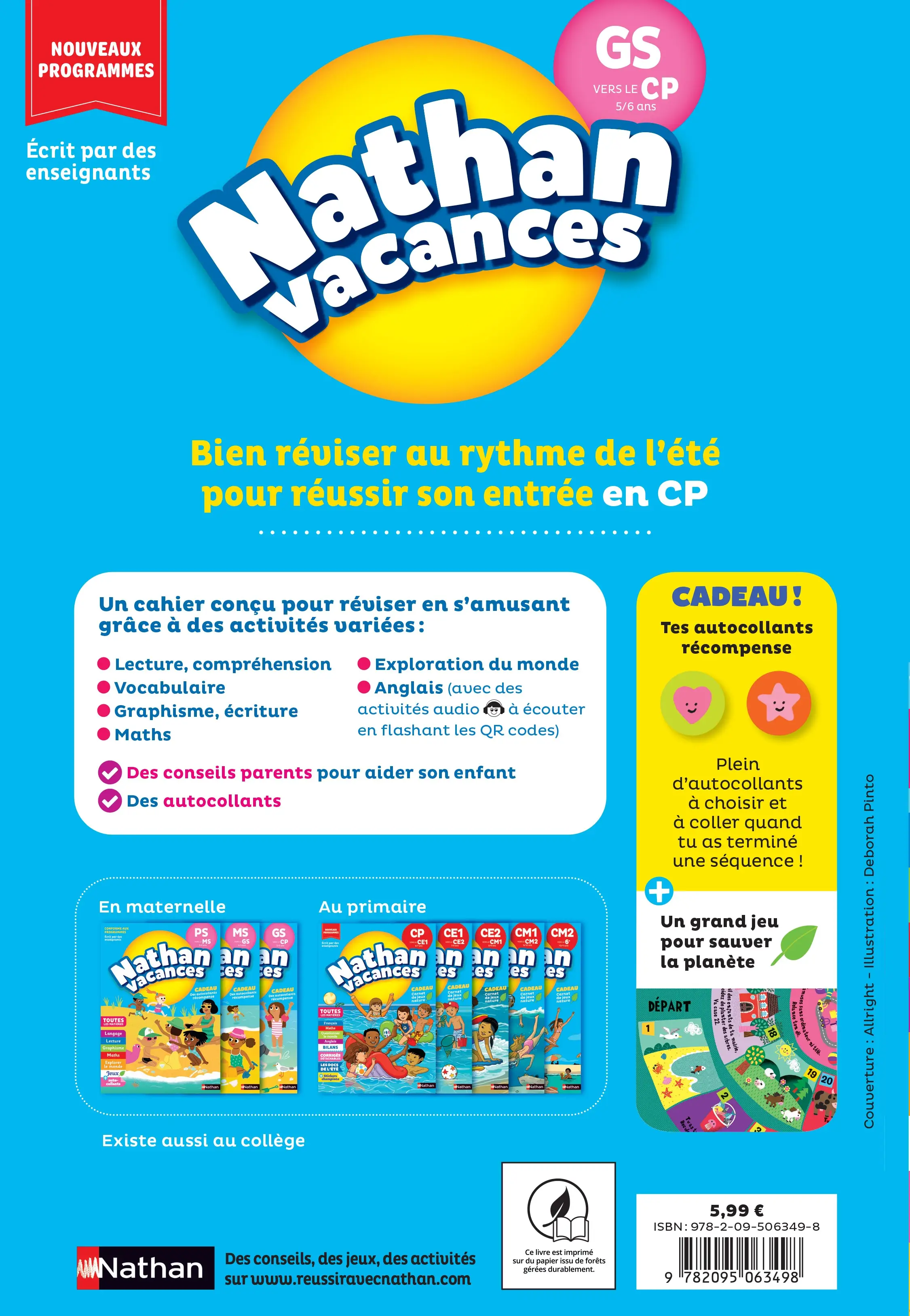 Cahier de vacances 2026 de la GS vers le CP (5-6 ans) - Lecture, Ecriture, Maths, Anglais / Nouveaux programmes 2026 - Nathan vacances - Cahier de vacances - 9782095063498 - page intérieure plat 4