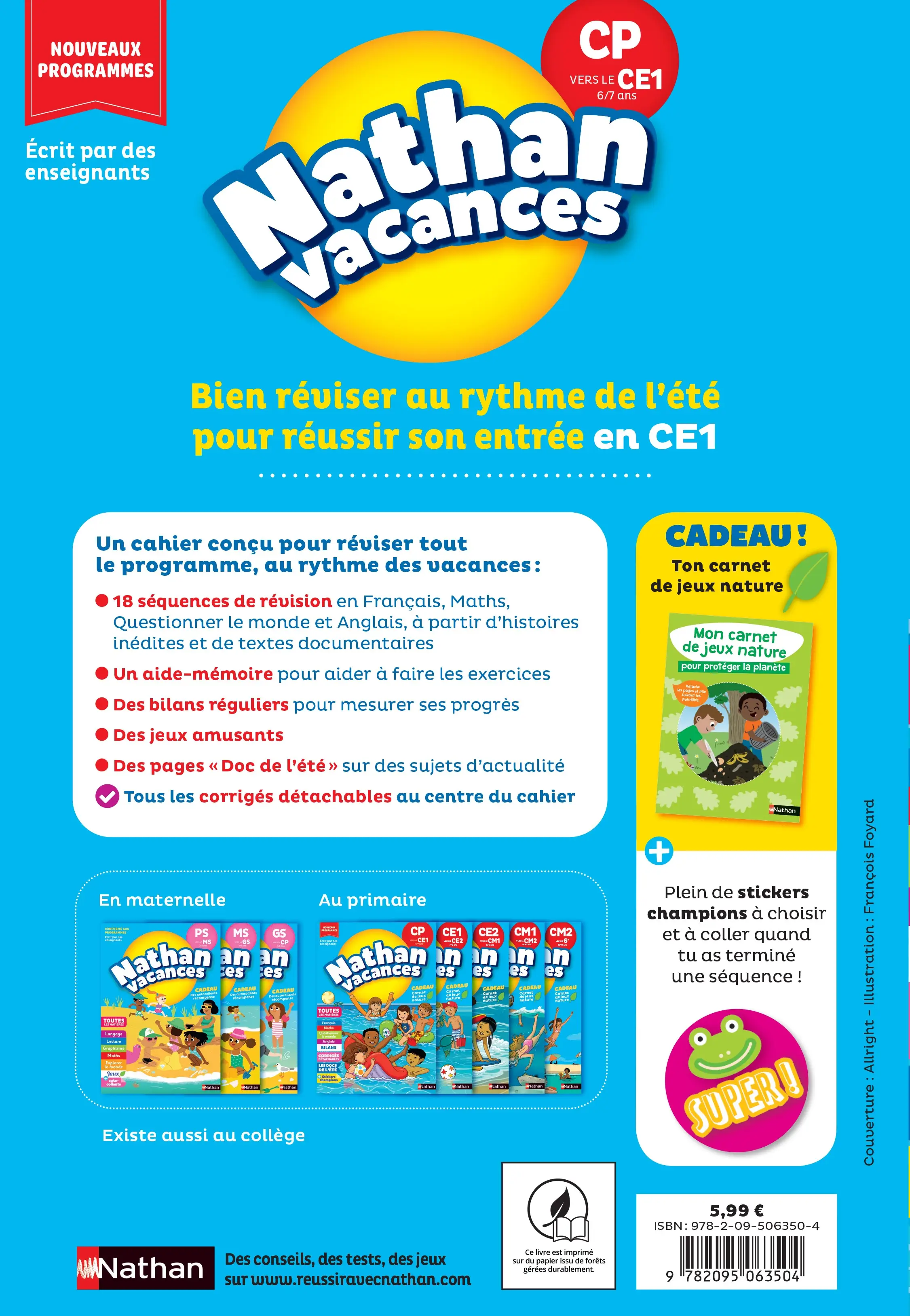 Cahier de vacances 2026 du CP vers le CE1 (6-7 ans) - Révisions complètes : Français, Maths, Anglais / Nouveaux programmes - corrigés détachables - Nathan Vacances - Cahier de vacances - 9782095063504 - page intérieure plat 4