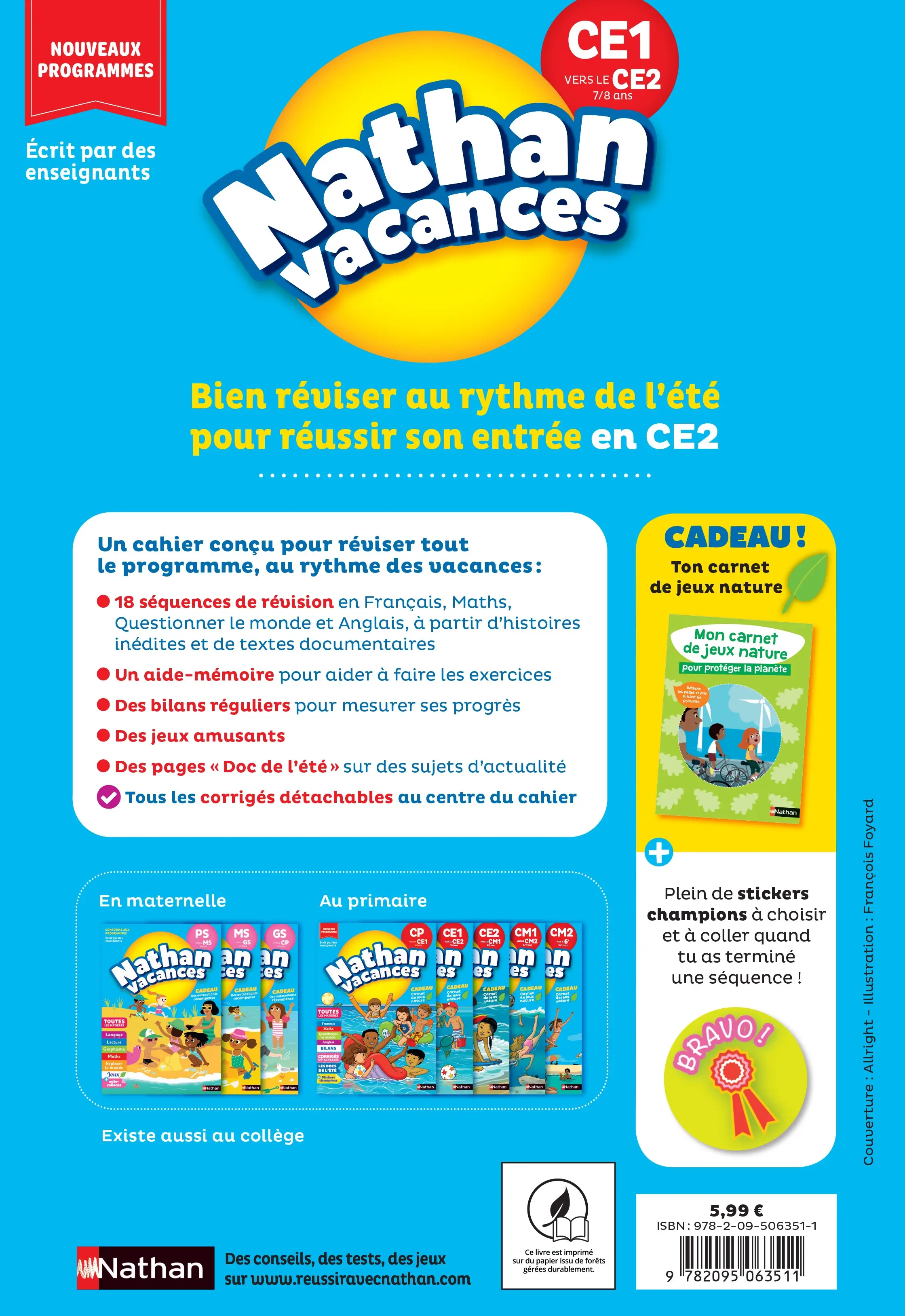 Cahier de vacances 2026 du CE1 vers le CE2 (7-8 ans) - Révisions complètes Toutes les matières / Nouveaux programmes - corrigés détachables - Nathan vacances - Cahier de vacances - 9782095063511 - page intérieure plat 4